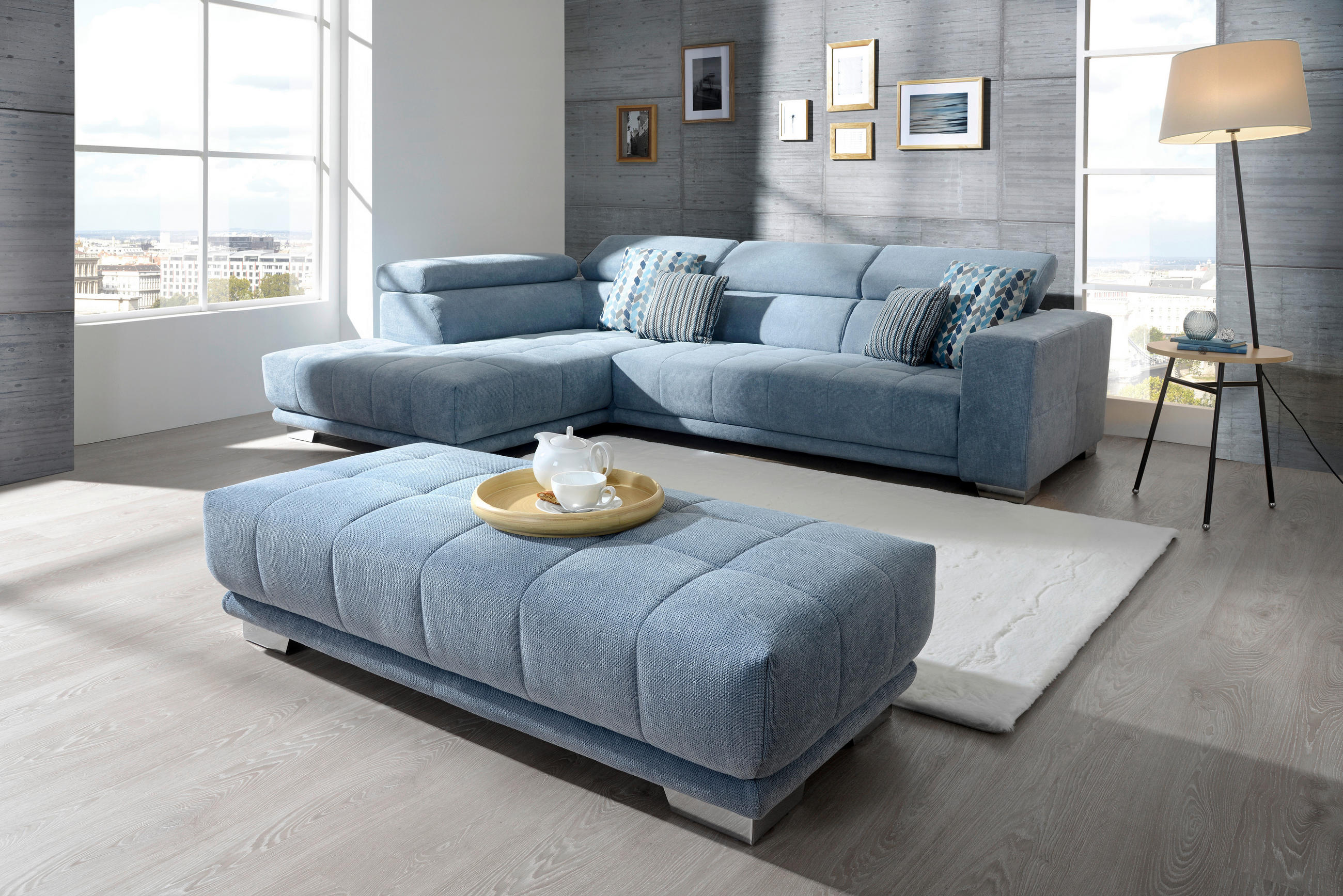 ECKSOFA Hellblau Mikrofaser  - Chromfarben/Hellblau, Design, Textil/Metall (207/301cm) - Xora
