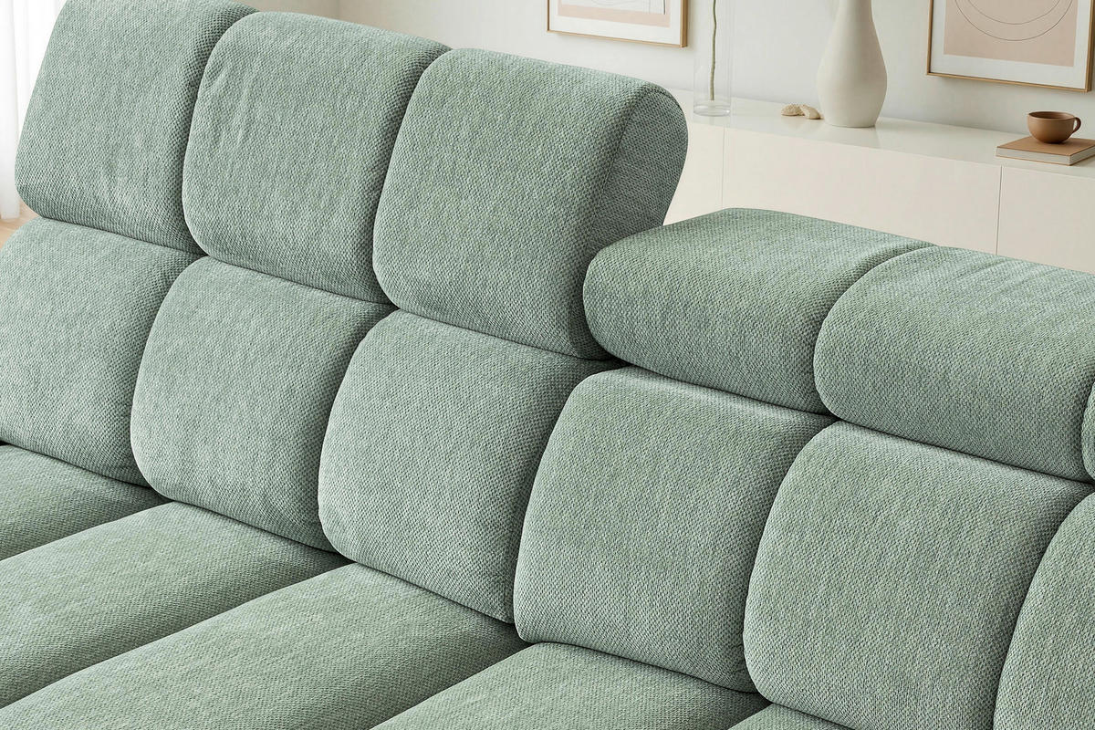 ECKSOFA Salbeigrün Chenille Bettkasten, Rücken echt, Relaxfunktion, Kopfteilverstellung  - Salbeigrün/Schwarz, Design, Kunststoff/Textil (152/290cm) - Stylife