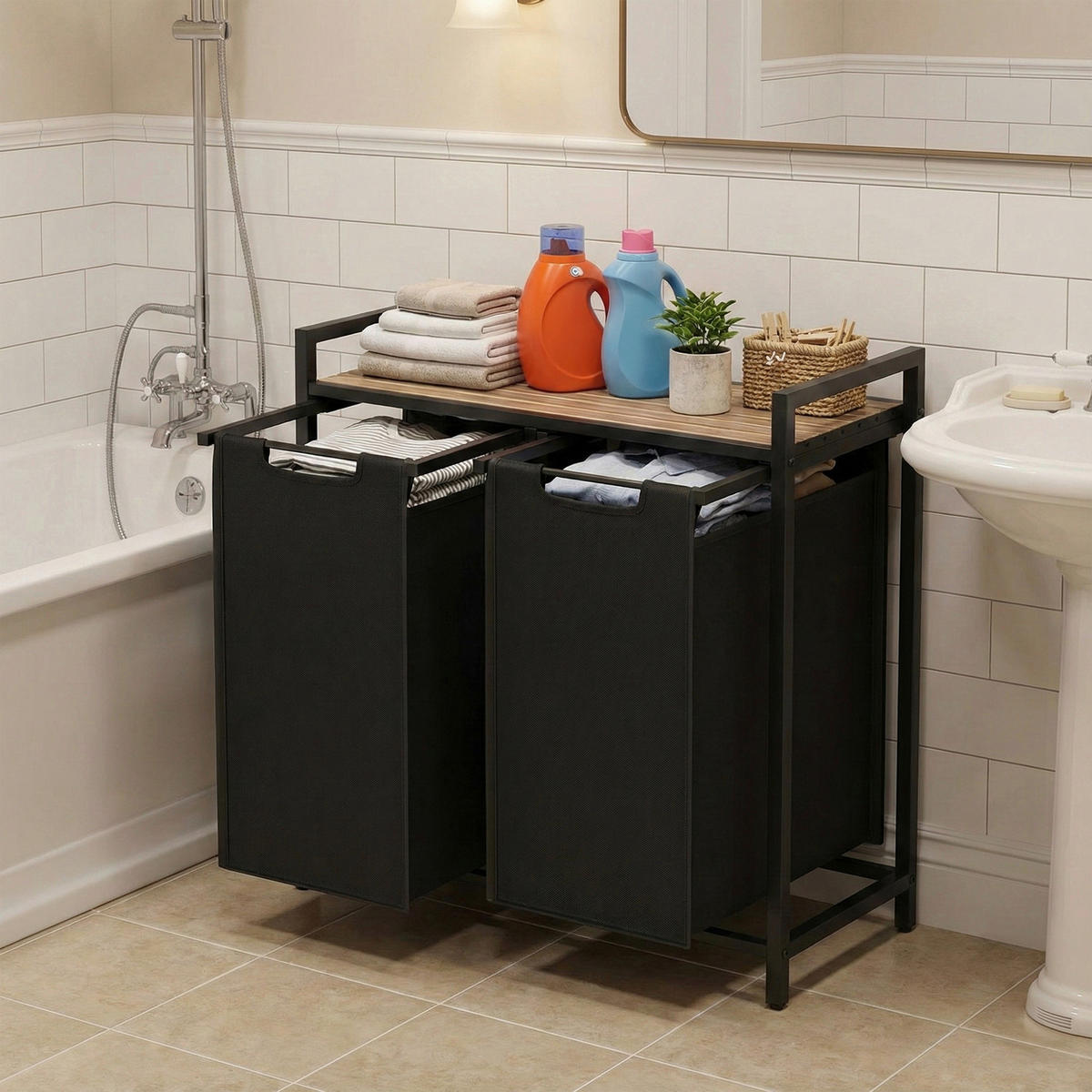 WÄSCHEKORB - Eichefarben/Schwarz, Trend, Holzwerkstoff/Textil (73/72/33cm) - Boxxx