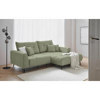 Carryhome ECKSOFA Olivgrün Cord, links davon: Store in grün, Kissen in grün, rechts davon: Hochflorteppich in weiß, Decke in hellem Wohnzimmer.