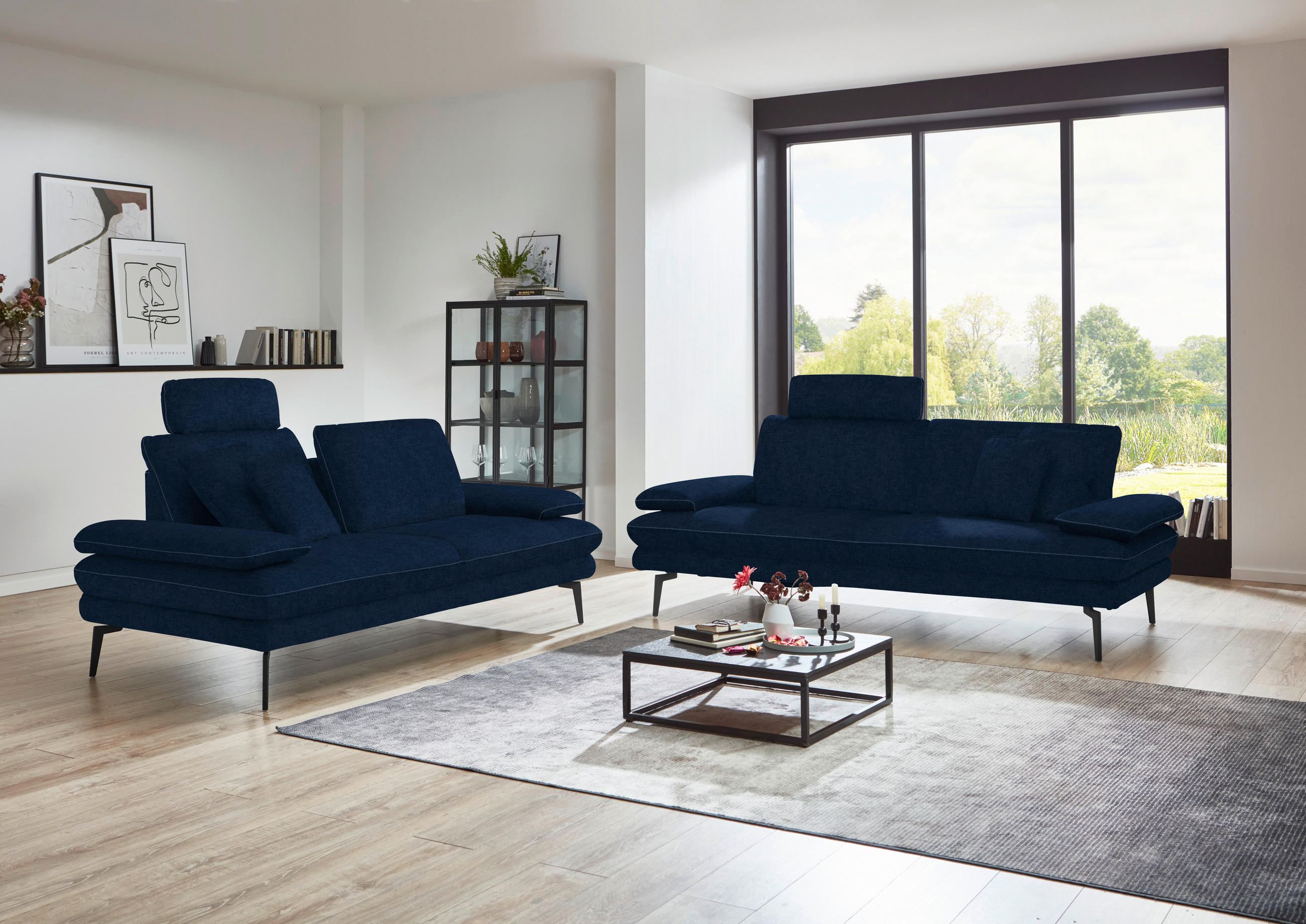 3-SITZER-SOFA in Velours Dunkelblau  - Beige/Schwarz, Design, Textil/Metall (222/89/104cm) - Dieter Knoll