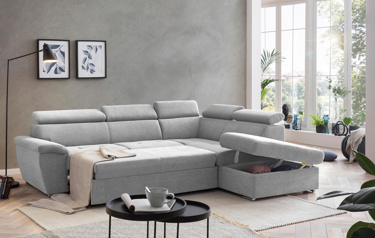 ECKSOFA Grau Chenille  - Chromfarben/Grau, Design, Textil/Metall (262/216cm) - Livetastic
