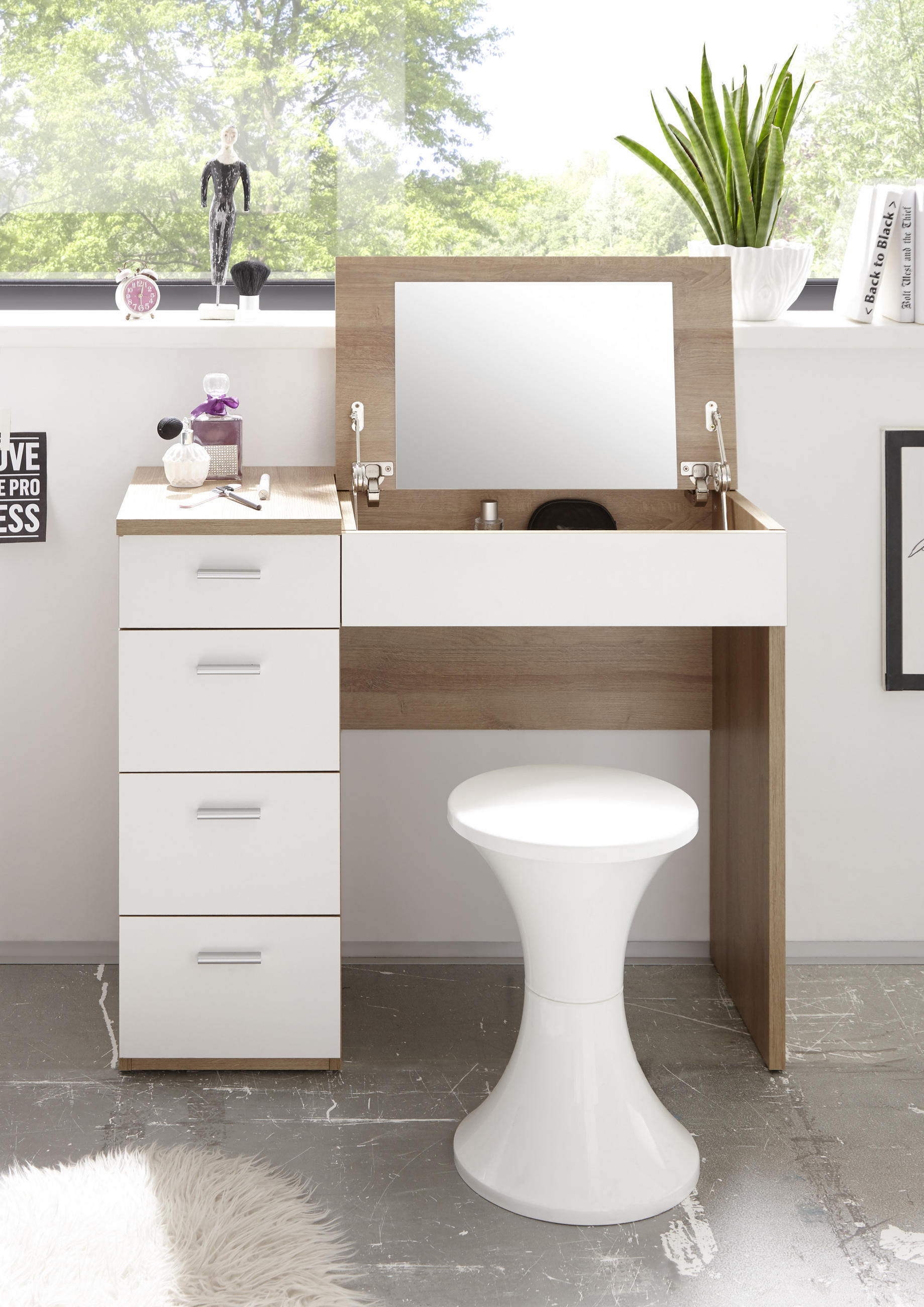 SCHMINKTISCH Weiß, Sonoma Eiche  - Silberfarben/Weiß, Design, Holzwerkstoff/Kunststoff (90/76/42cm) - Xora