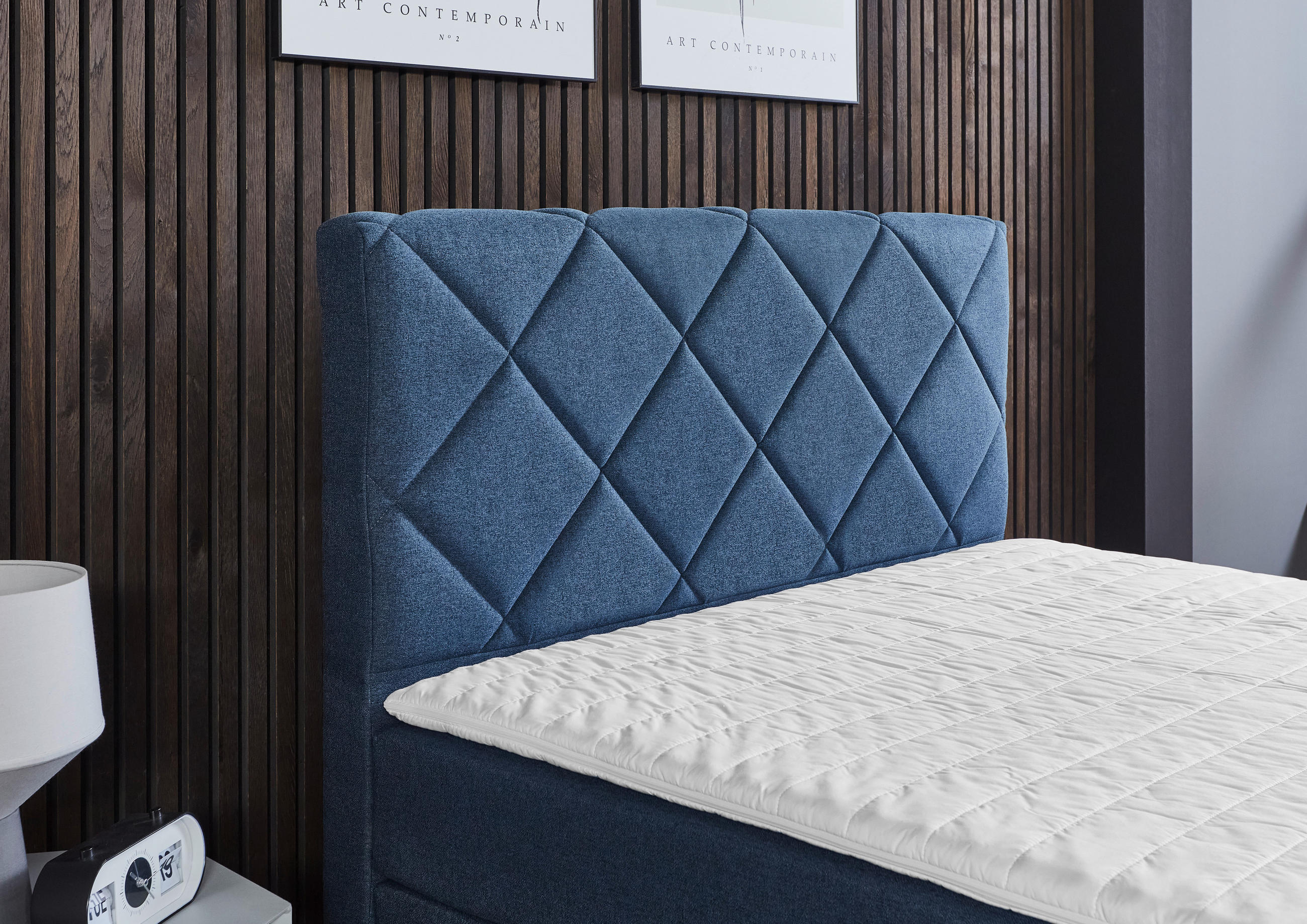 Thumbnail - Boxxx Boxspringbett, Dunkelblau, Textil, H2, Höhe ca. 15 cm, 90x200 cm, Oeko-Tex® Standard 100, gepolstertes Kopfteil, T...