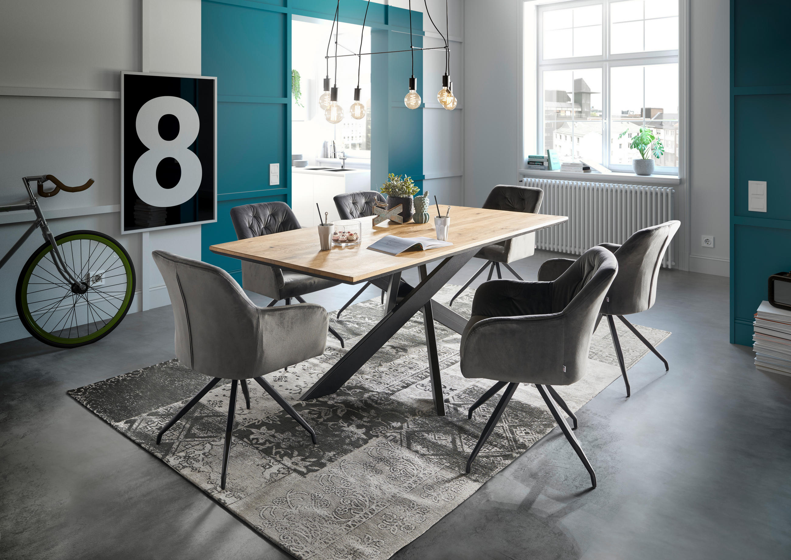 ESSTISCH Eiche massiv rechteckig Eichefarben - Eichefarben/Schwarz, Natur, Holz/Metall (200/100/75cm) - SetOne by Musterring