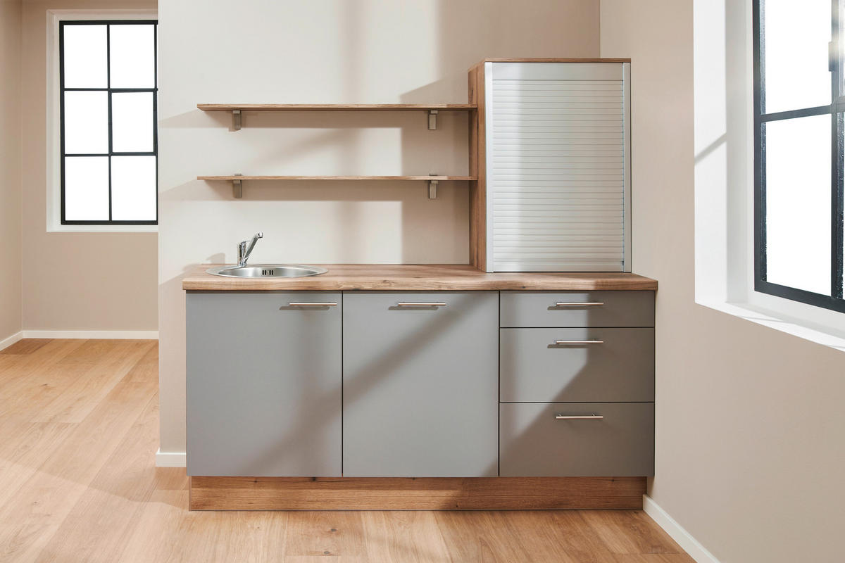 KÜCHENBLOCK 180 cm   in Grau, Eichefarben  - Edelstahlfarben/Eichefarben, Design, Holzwerkstoff/Metall (180cm) - Pino