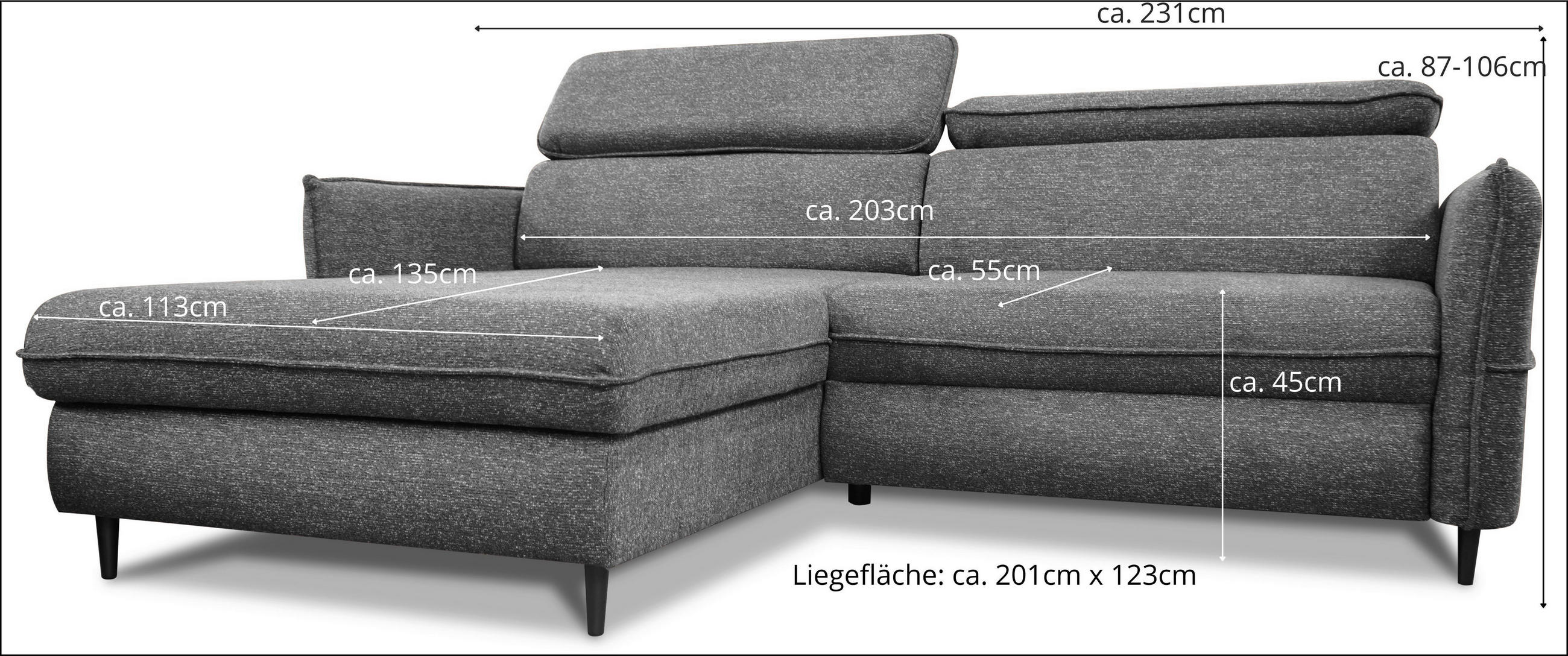 ECKSOFA inkl. Funktionen Graphitfarben Struktur  - Schwarz/Graphitfarben, Design, Holz/Textil (185/232cm) - Stylife