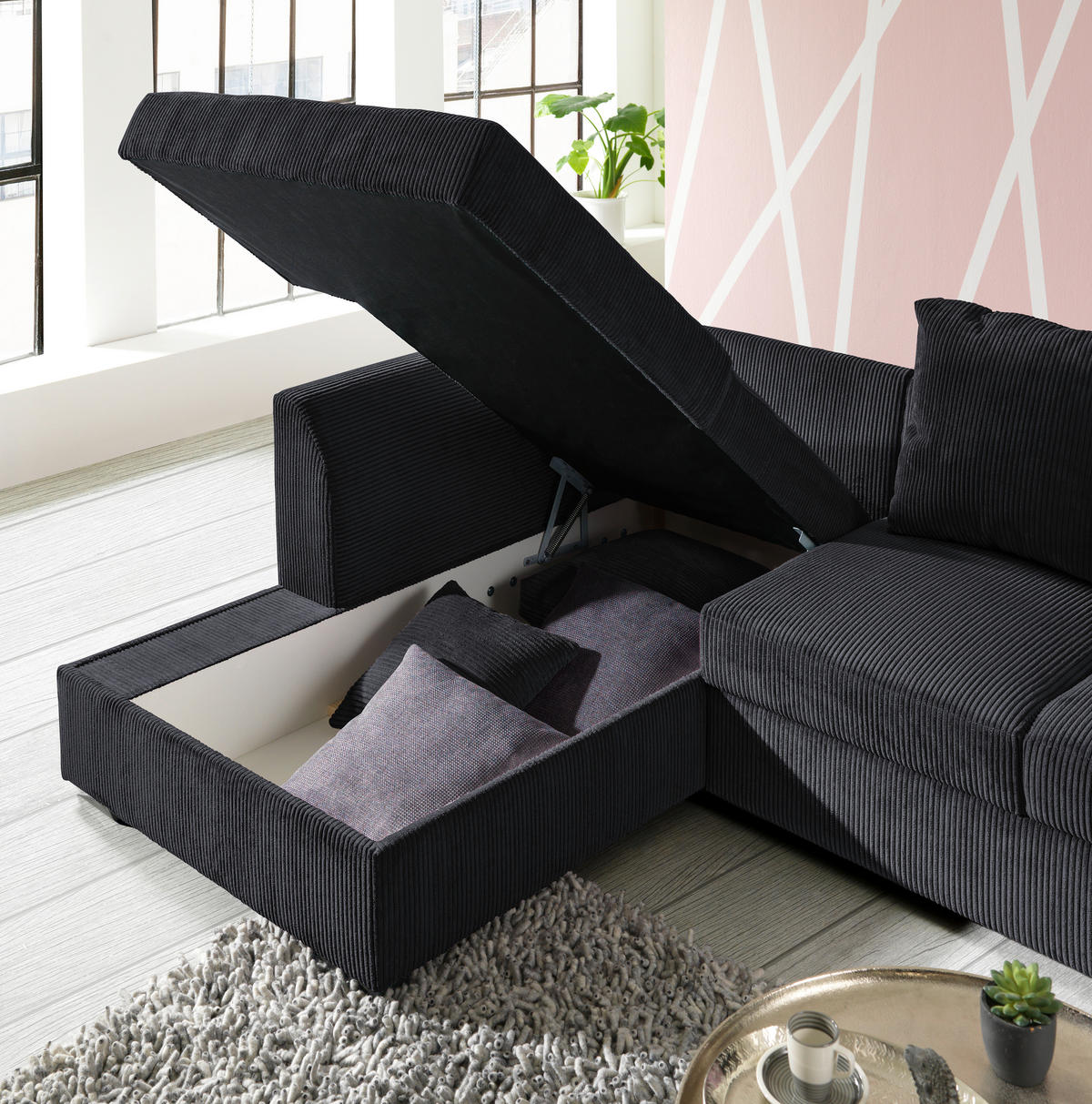 ECKSOFA in Cord Schwarz  174/259 cm  - Schwarz, Design, Kunststoff/Textil (174/259cm) - Cantus