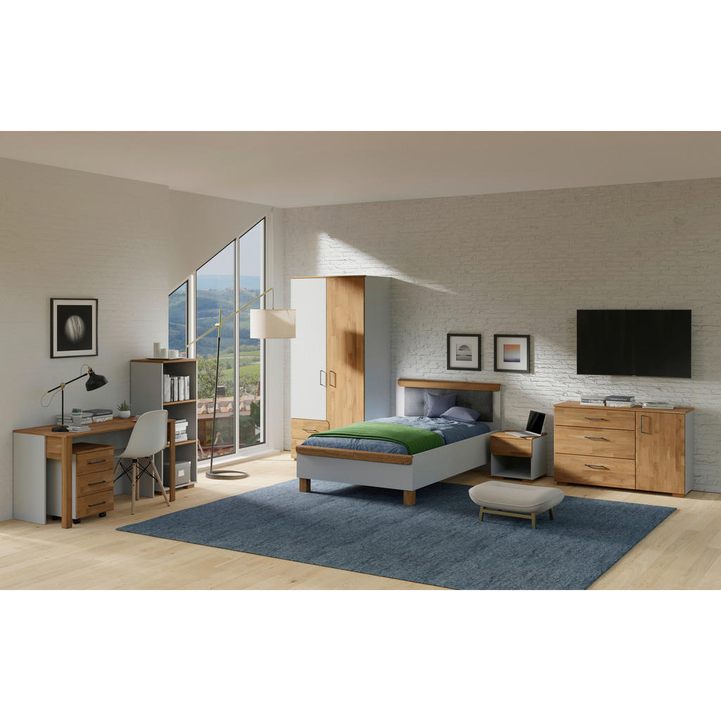 Thumbnail - Cantus Bett Cool, Grau, Eiche, Holz, Textil, Eiche, massiv, 120x200 cm, gepolstertes Kopfteil, in verschiedenen Größen e...