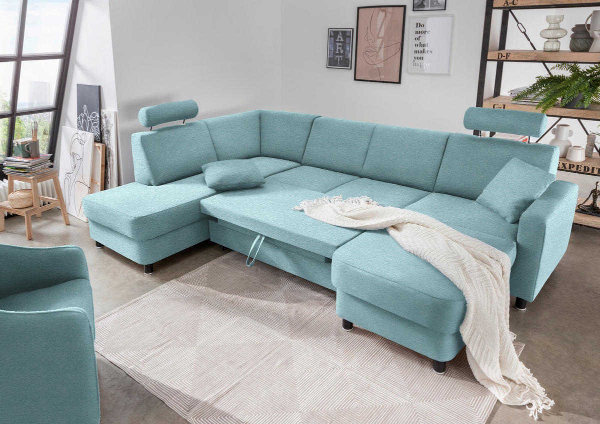 WOHNLANDSCHAFT  in Webstoff Türkis  - Türkis/Schwarz, Design, Holz/Textil (198/296/165cm) - Xora