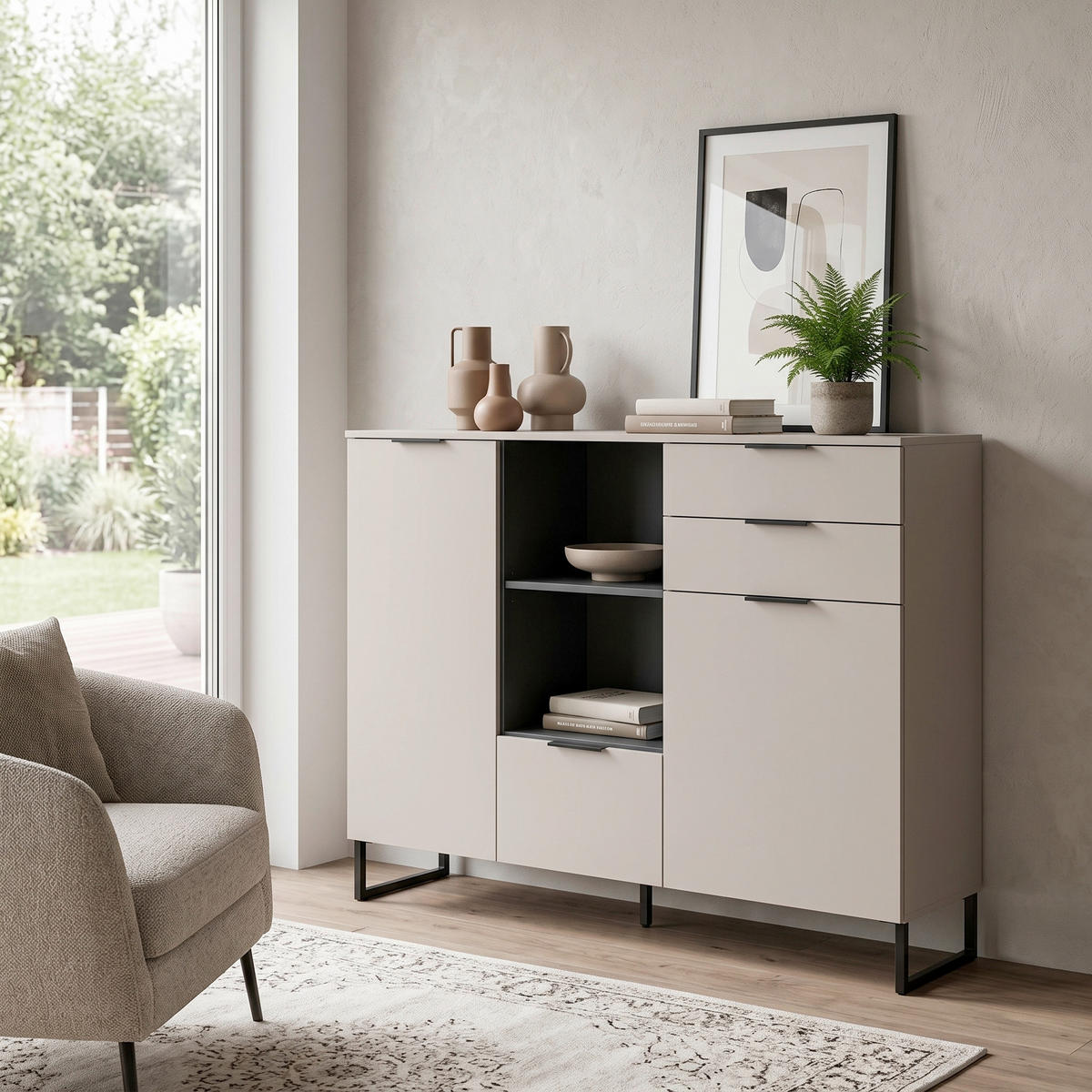 VYSOKÁ KOMODA, černá, kašmírová, 150/112/37 cm - černá/kašmírová, Design, kov/kompozitní dřevo (150/112/37cm) - Livetastic