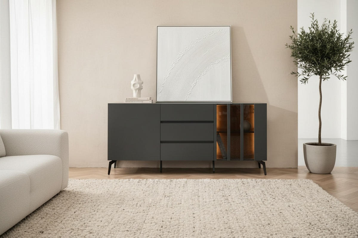 SIDEBOARD  166/76,3/41,5 cm 3 Schublade(n)  - Schwarz/Grau, Design, Glas/Holzwerkstoff (166/76,3/41,5cm) - Novel