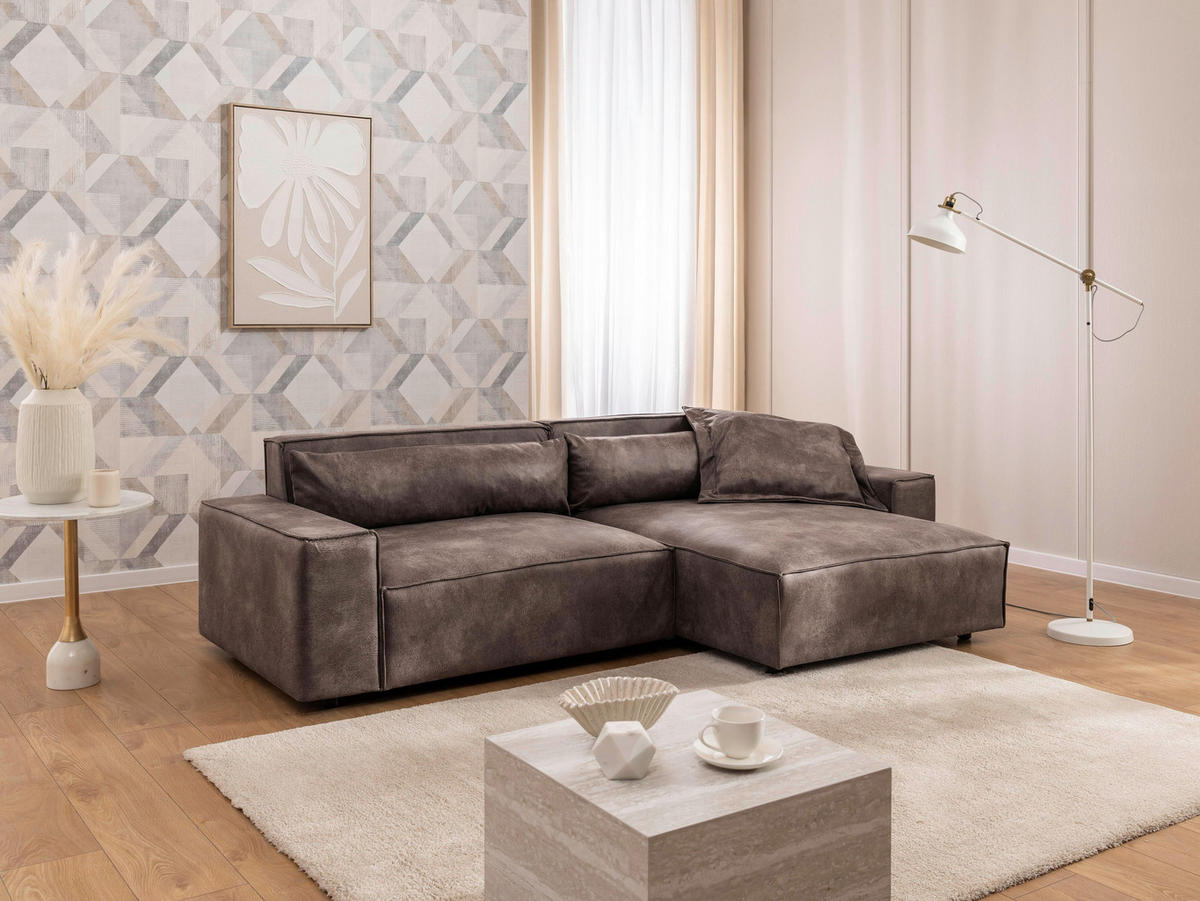 ECKSOFA Curduroy in Lederlook Graubraun Rückenkissen  251/142 cm  - Graubraun/Schwarz, Design, Kunststoff/Textil (251/142cm) - P & B
