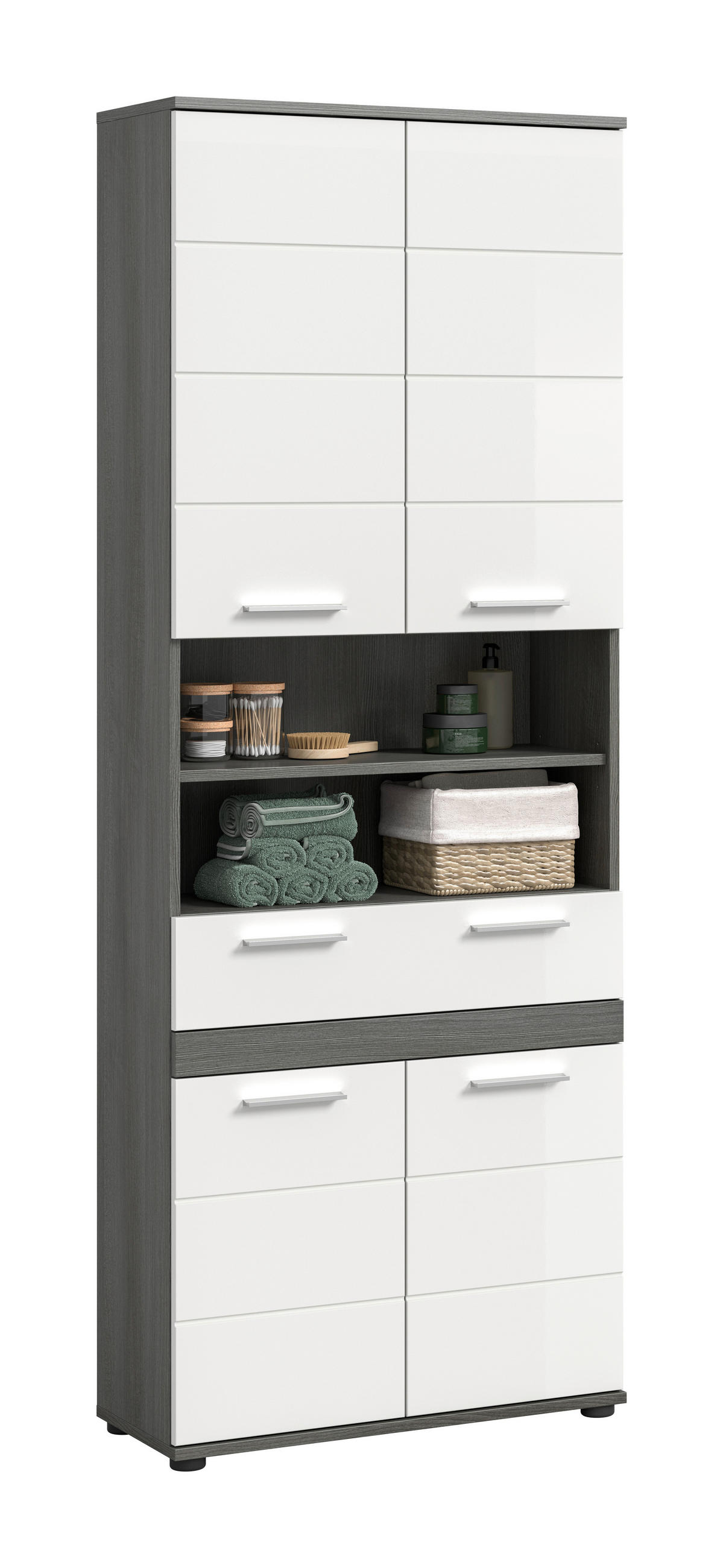 Mid.you Hochschrank Blake Silbereichen, Weiß Hochglanz 70x191x31 cm