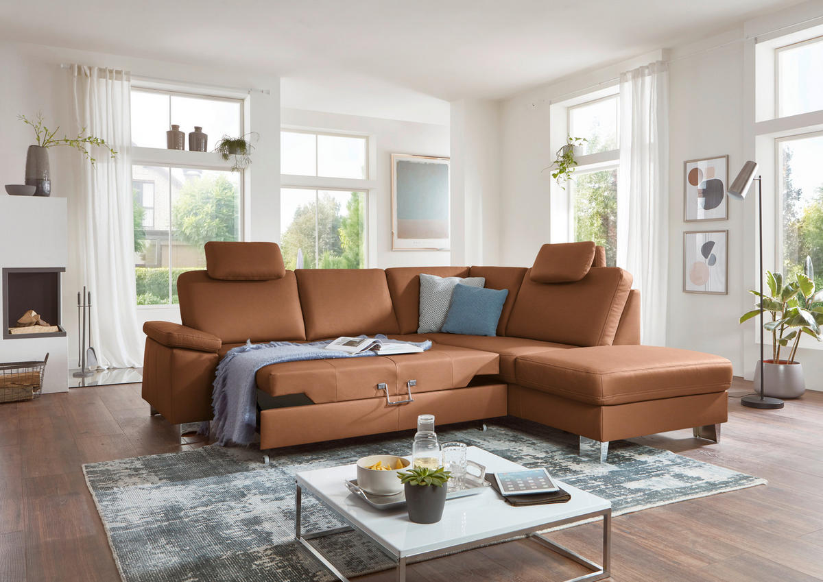 ECKSOFA  in Echtleder Cognac  248/235 cm  - Cognac/Alufarben, Design, Leder/Metall (248/235cm) - Beldomo Premium
