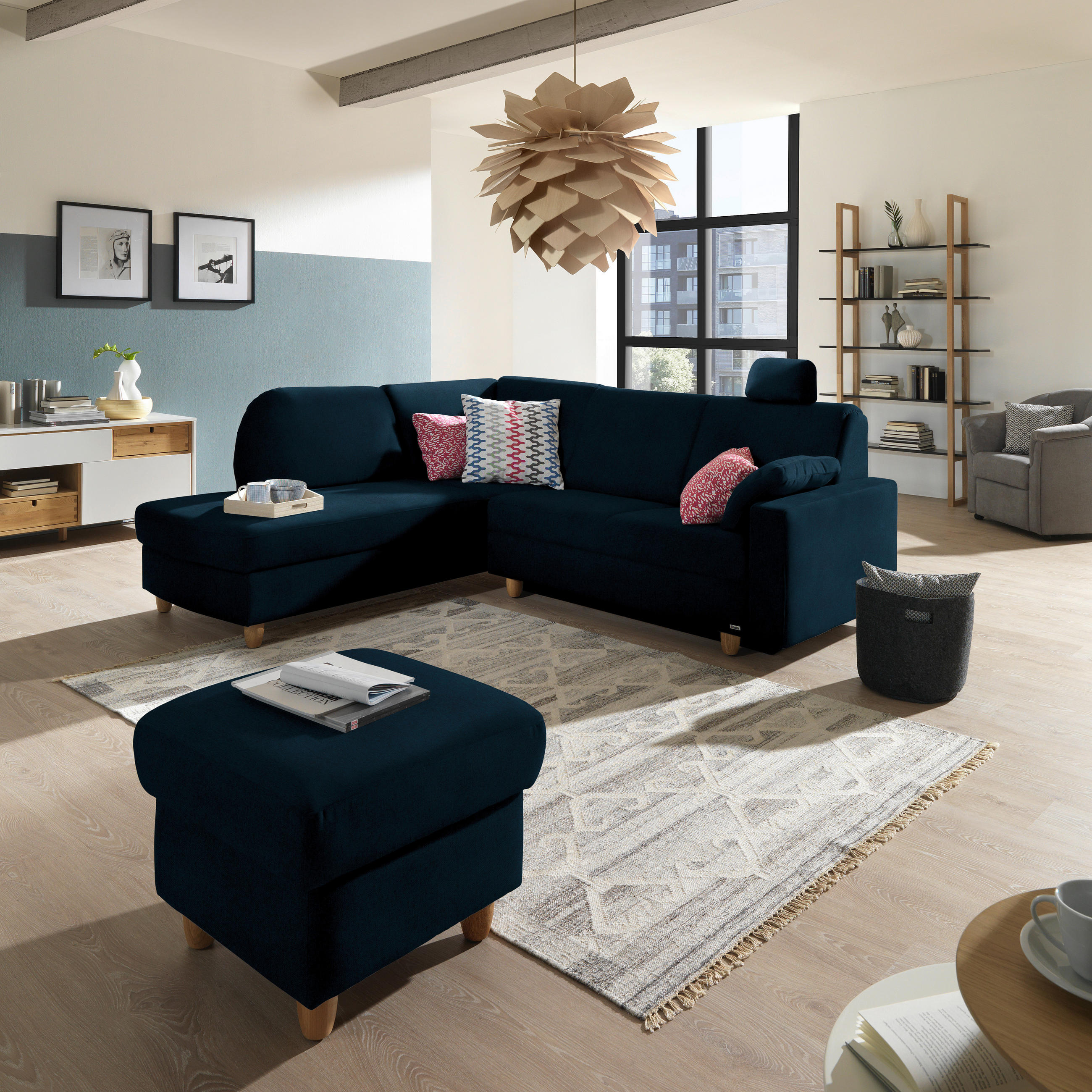ECKSOFA in Flachgewebe Dunkelblau  208/227 cm  - Eichefarben/Rot, KONVENTIONELL, Holz/Textil (208/227cm) - Sedda