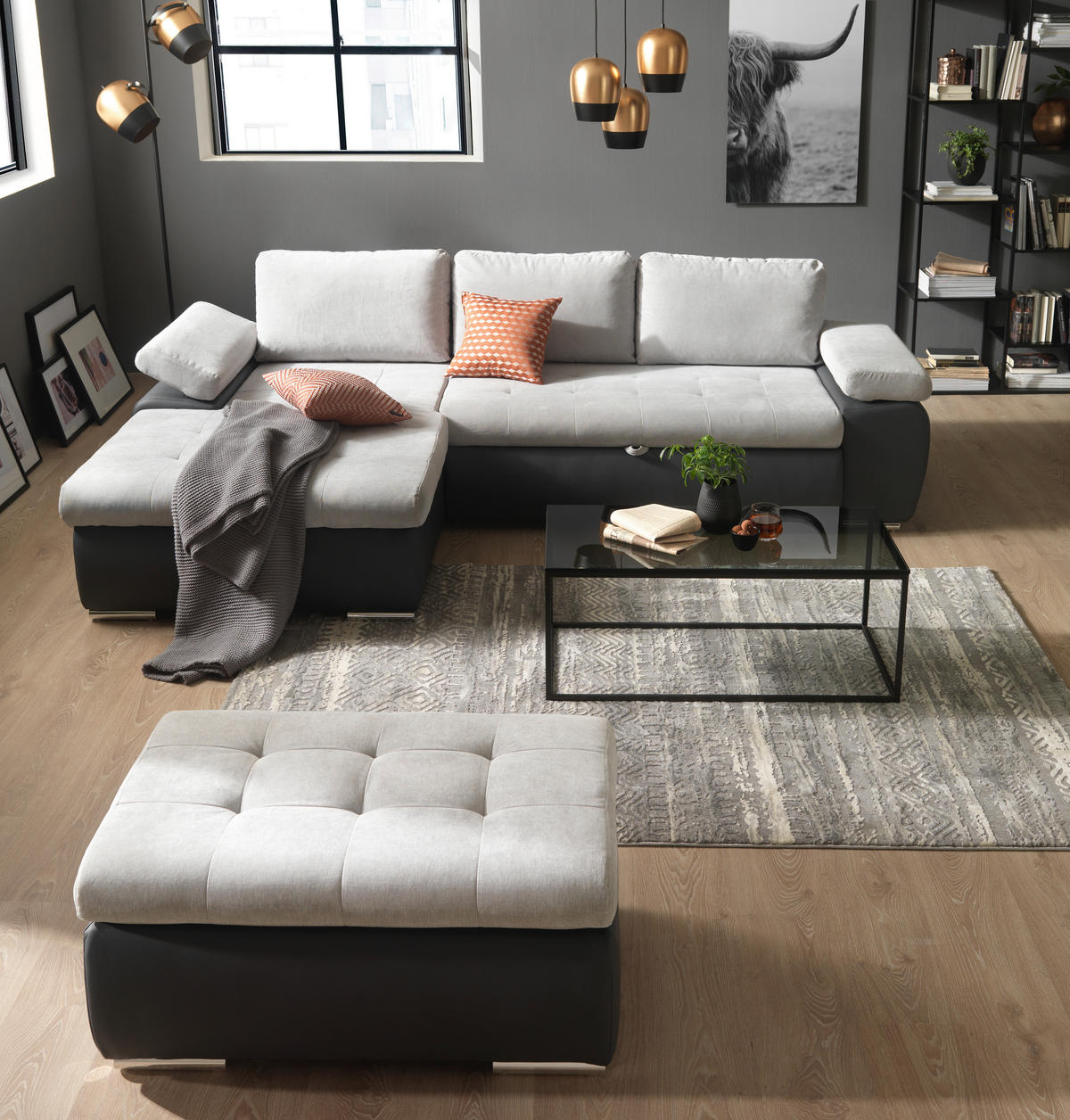 ECKSOFA in Flachgewebe Grau, Dunkelgrau  - Dunkelgrau/Grau, Design, Kunststoff/Textil (175/271cm) - MID.YOU