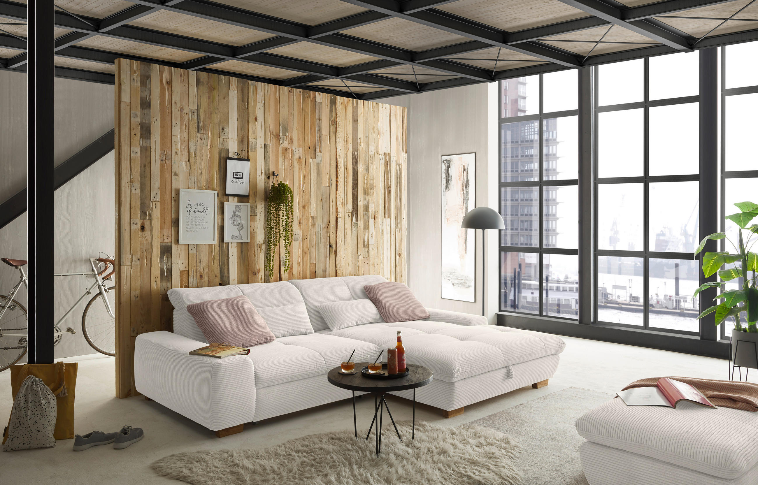 ECKSOFA Creme Cord  - Eichefarben/Creme, Design, Holz/Textil (276/198cm) - SetOne by Musterring