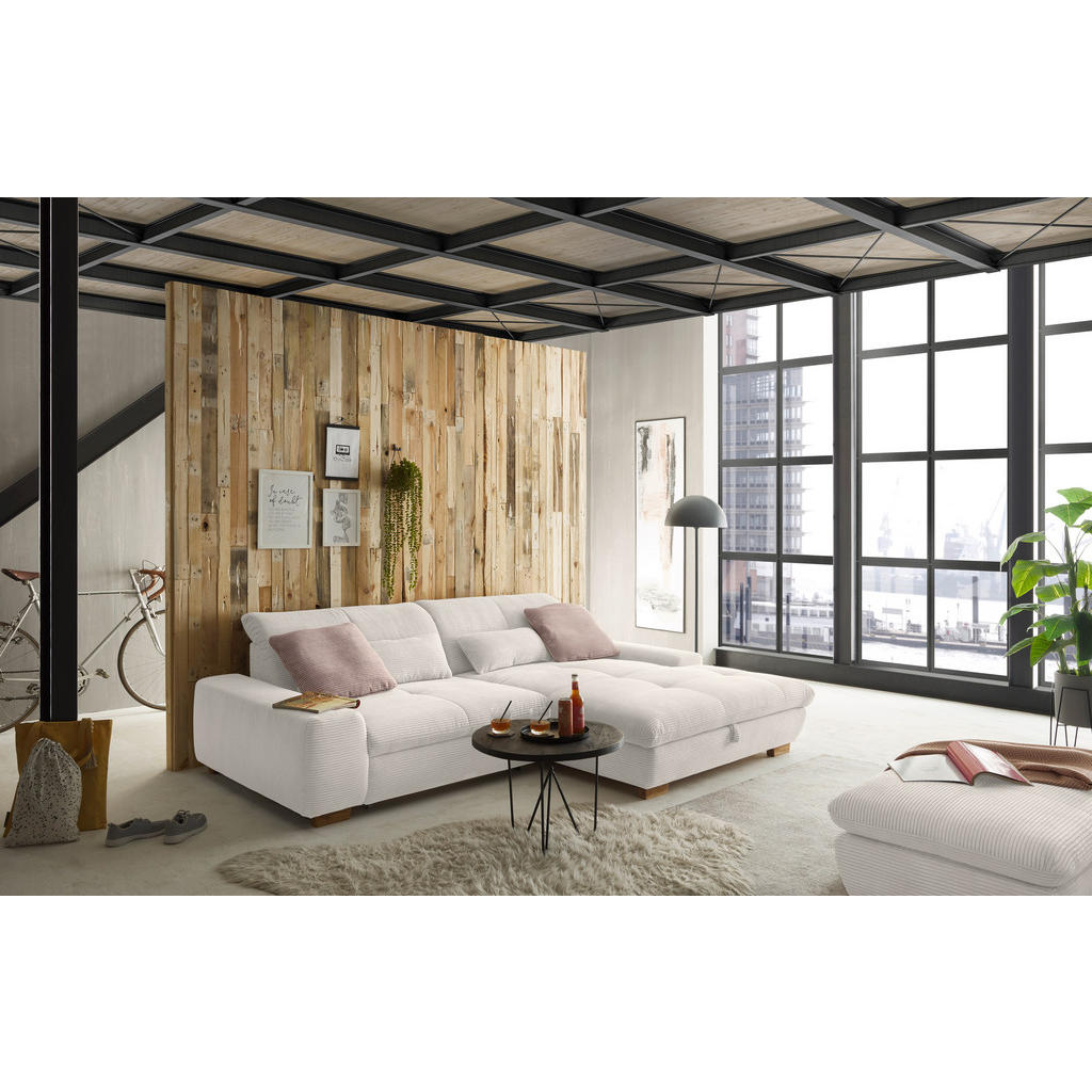 Thumbnail - SetOne by Musterring Ecksofa, Creme, Textil, Eiche, massiv, 2-Sitzer, Ottomane rechts, L-Form, 276x198 cm, Bettkasten er...