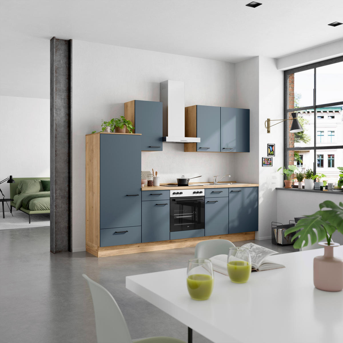 KÜCHENBLOCK Easytouch 270 cm  in Blau, Eichefarben  - Blau/Eichefarben, MODERN, Holzwerkstoff/Metall (270cm) - Nobilia
