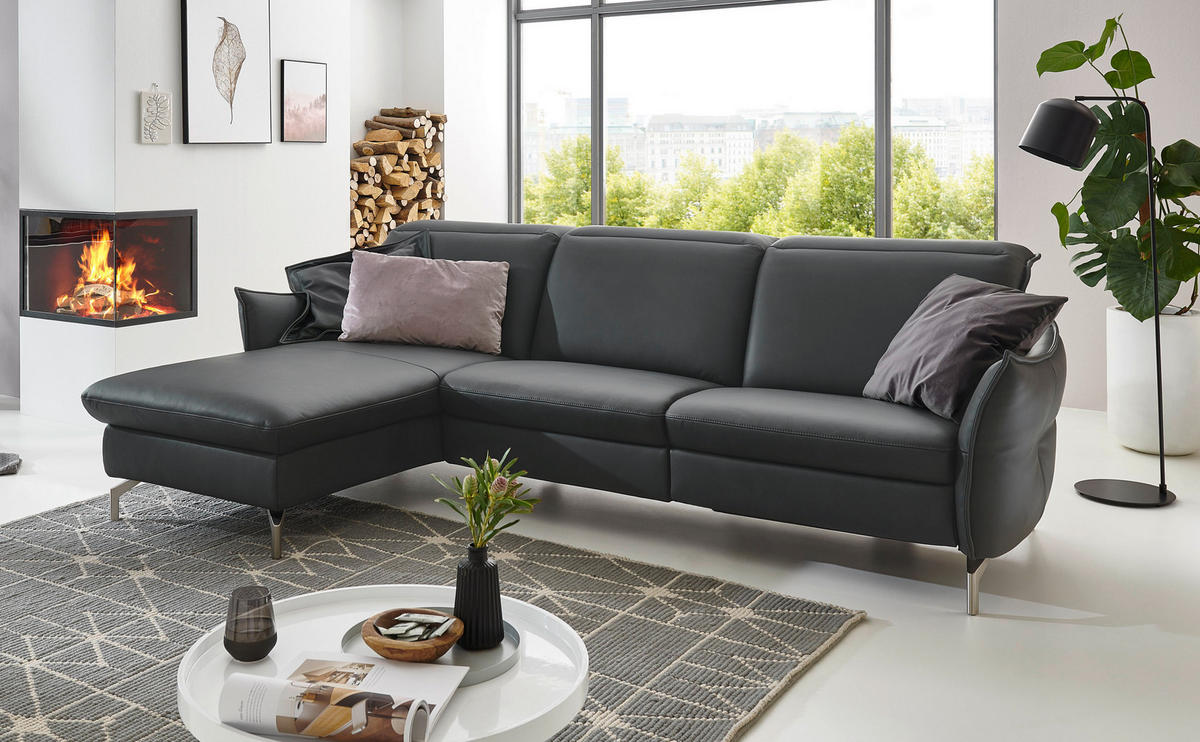 ECKSOFA in Lederlook (vegan) Schwarz  - Schwarz/Nickelfarben, Modern, Textil/Metall (179/263cm) - Livetastic