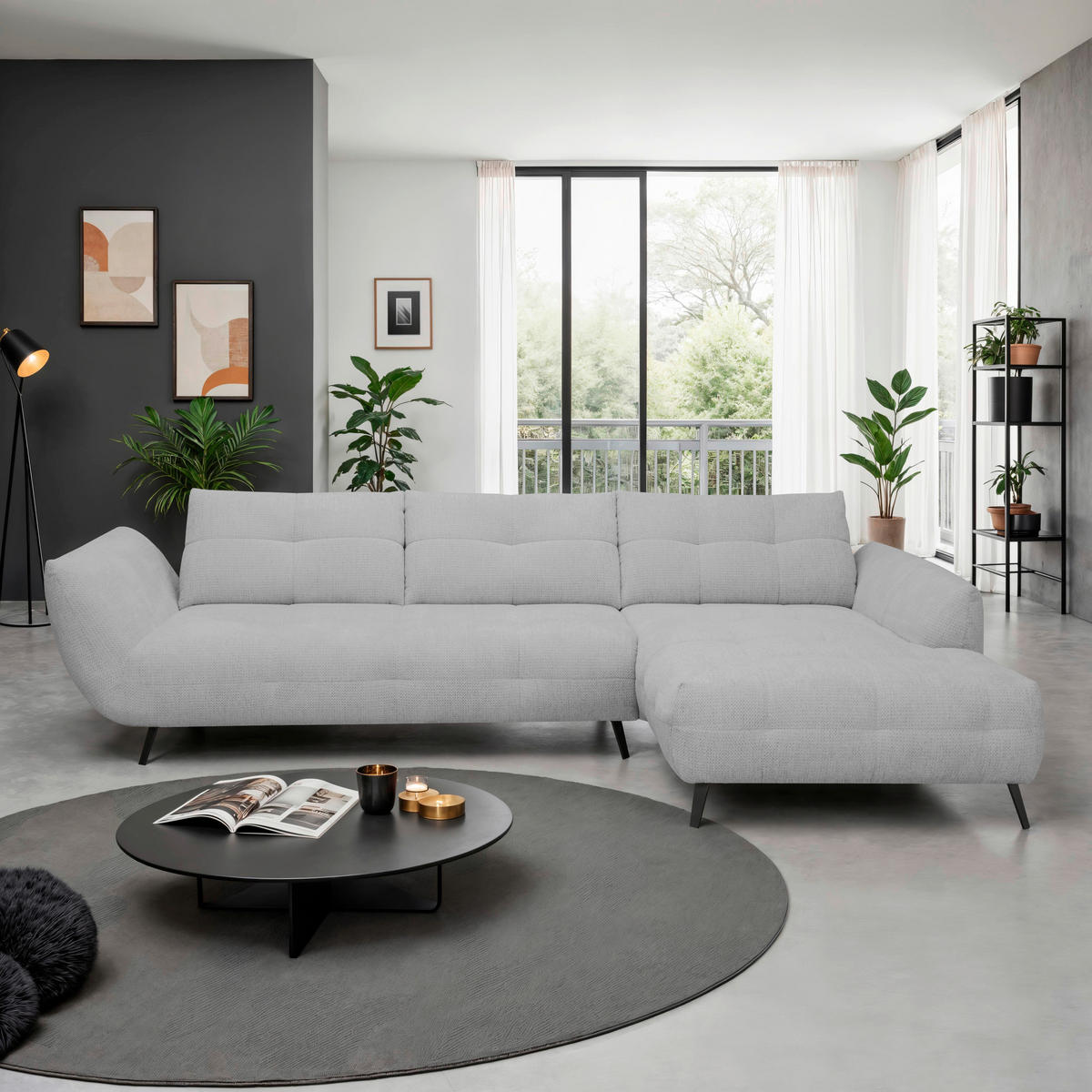 ECKSOFA Hellgrau Chenille Armlehnenkissen, Rücken echt, Sitztiefenverstellung  - Hellgrau/Schwarz, KONVENTIONELL, Textil/Metall (313/215cm) - Hom`in