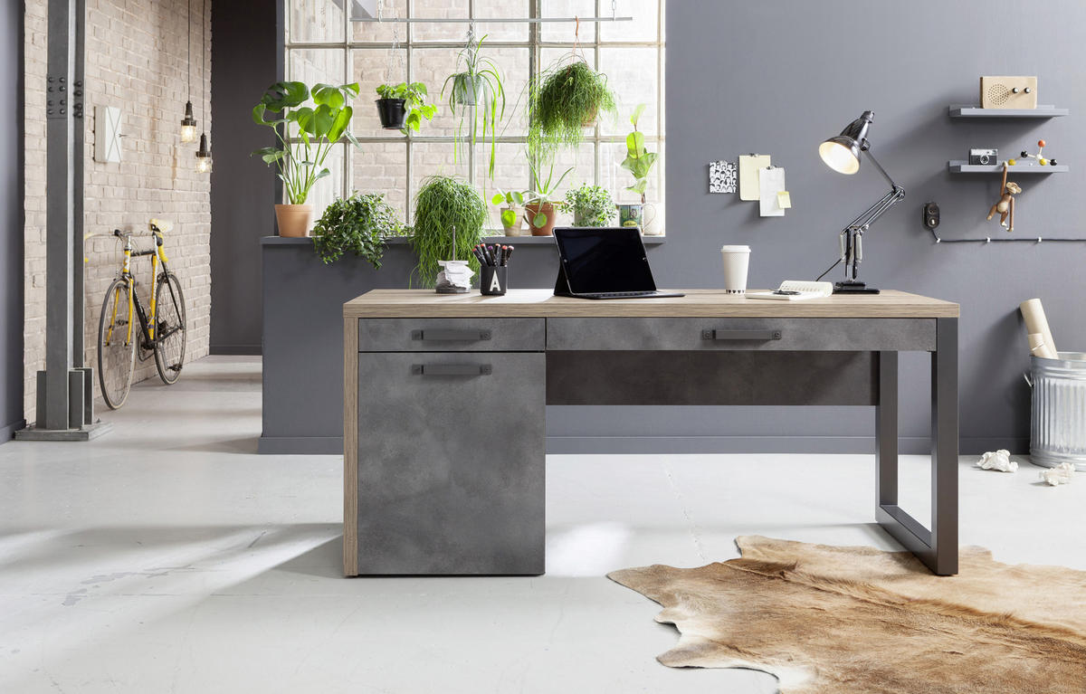 Birou in material pe bază de lemn  - culoare lemn stejar/gri, Trend, metal/material pe bază de lemn (170/69/76cm) - Stylife