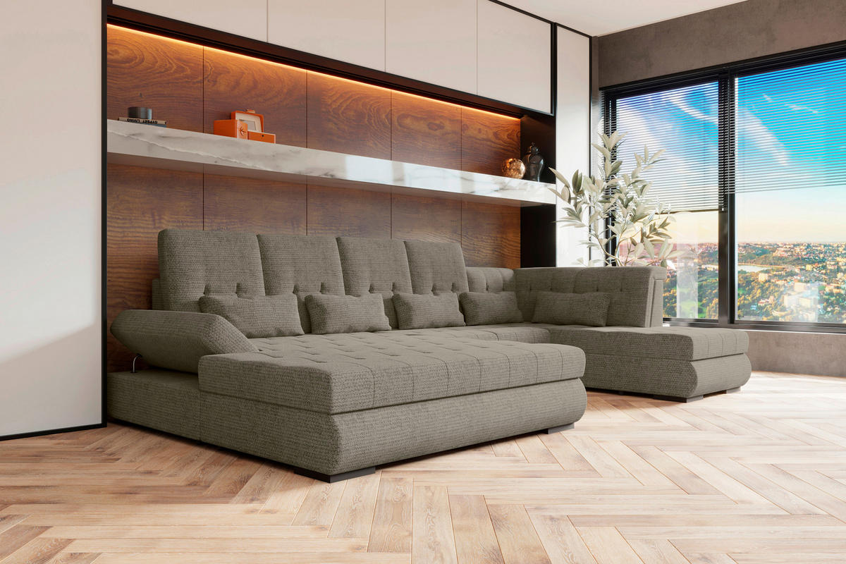 WOHNLANDSCHAFT Greige Struktur  - Greige/Schwarz, KONVENTIONELL, Kunststoff/Textil (212/358/222cm) - Carryhome