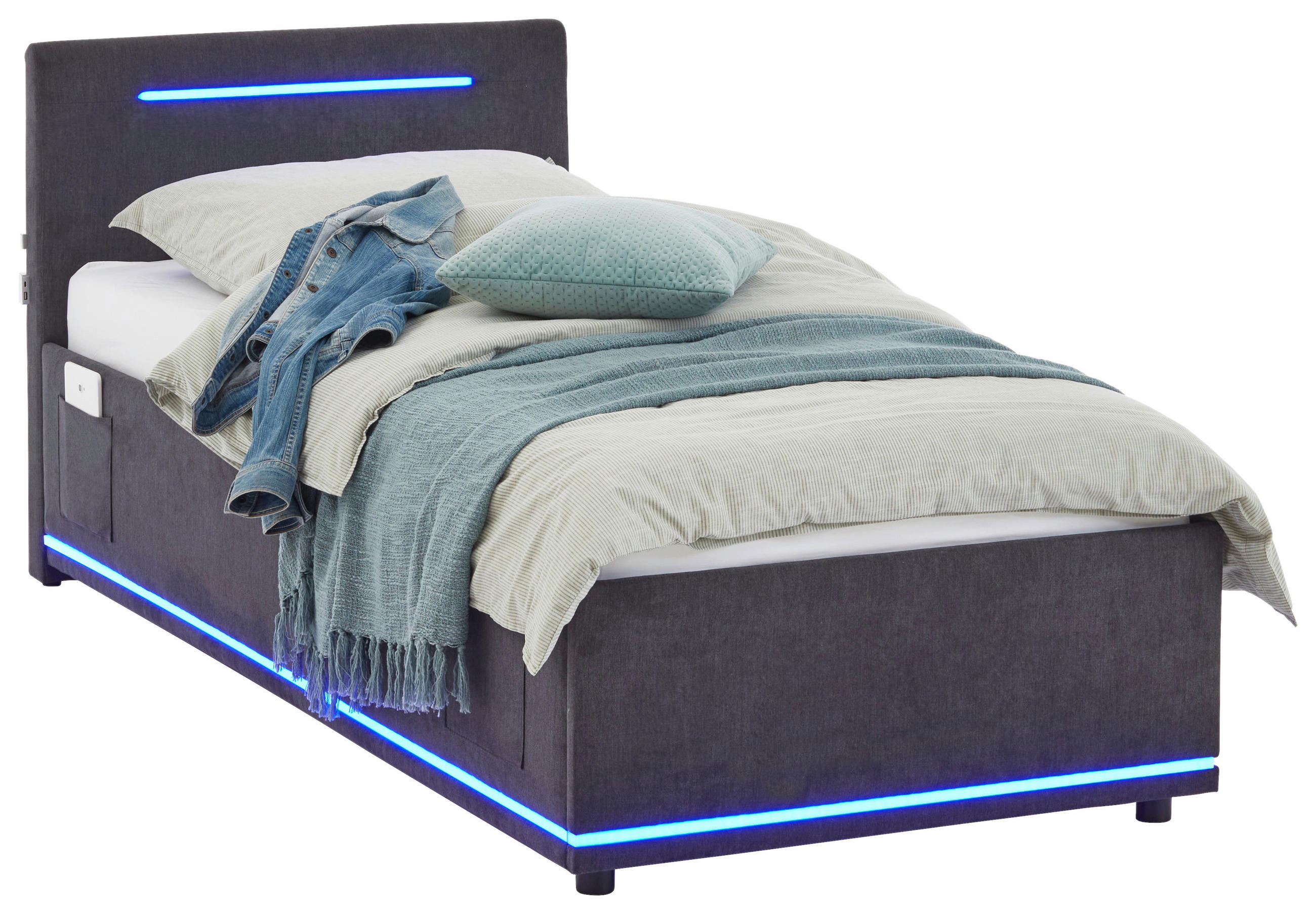 POLSTERBETT 90/200 cm,  in Graphitfarben, Beleuchtung,  - Schwarz/Graphitfarben, Design, Kunststoff/Textil (90/200cm) - Xora