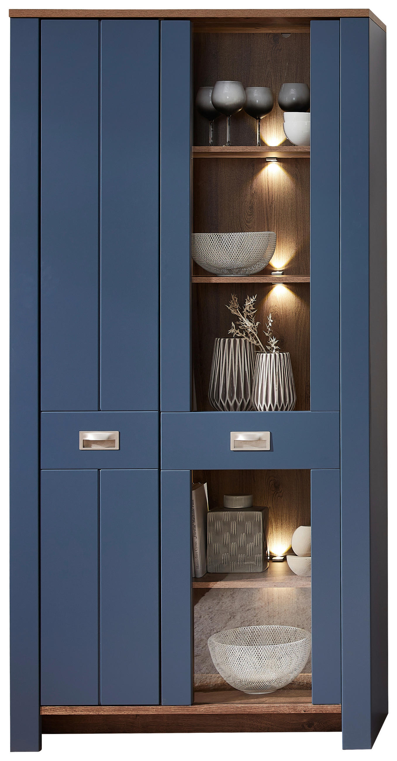 VITRINE in Eichefarben, Braun, Blau  - Blau/Eichefarben, Lifestyle, Holzwerkstoff/Metall (98/201/38cm) - MID.YOU