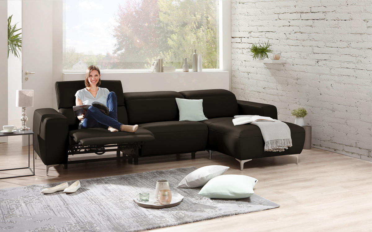 ECKSOFA in Echtleder Schwarz  - Chromfarben/Schwarz, Design, Leder/Metall (292/177cm) - Pure Home Lifestyle