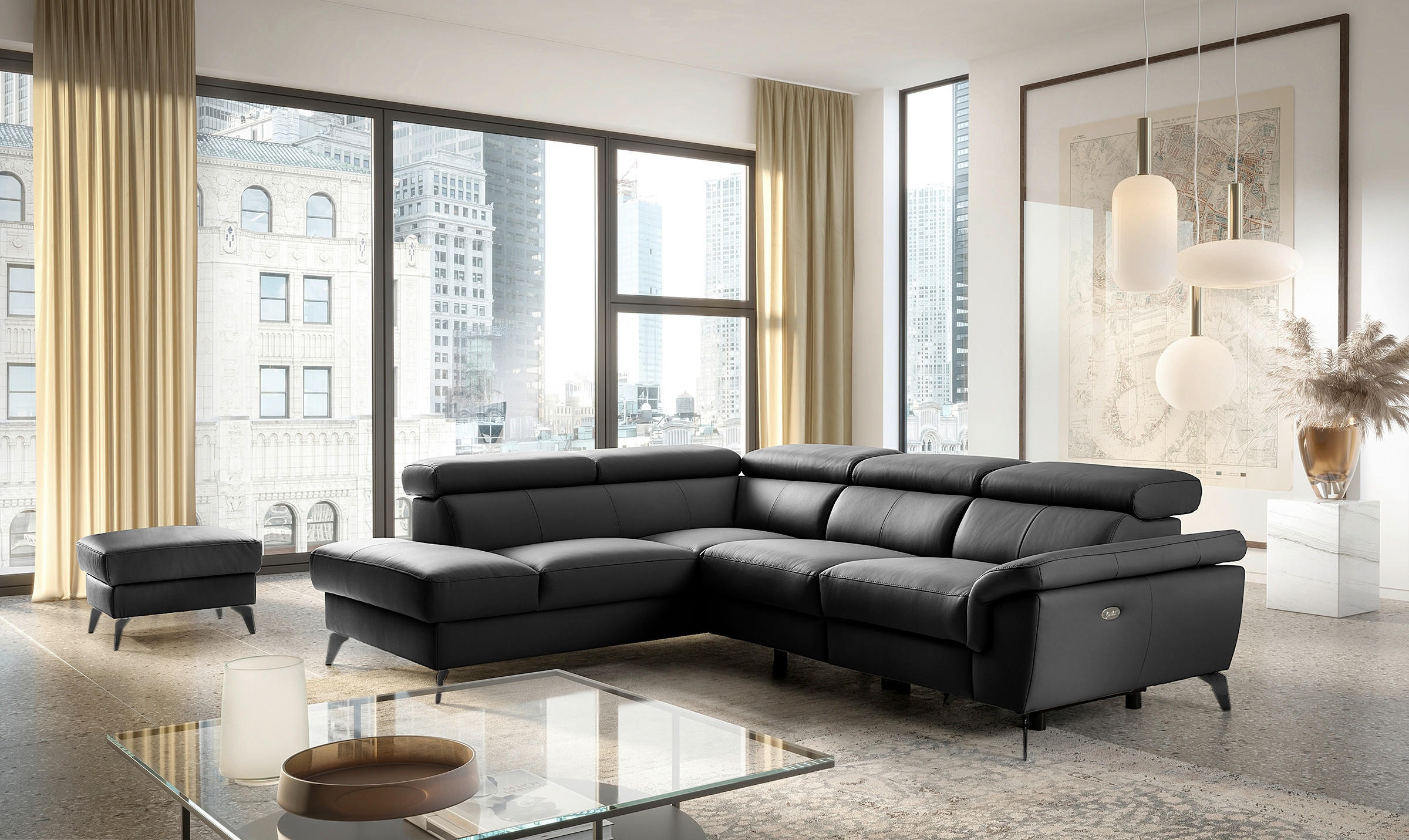 ECKSOFA Lederlook Echtleder Schwarz  - Schwarz, Design, Leder/Textil (210/265cm) - Livetastic