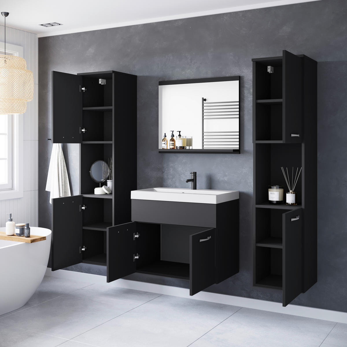 BADEZIMMER 5-teilig  in  - Graphitfarben/Schwarz, LIFESTYLE, Keramik/Holzwerkstoff (120,4/132,8/35cm) - P & B