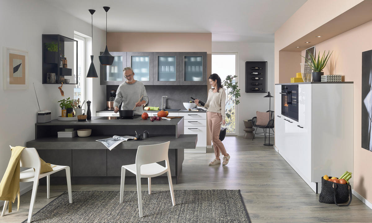 EINBAUKÜCHE L16  - Weiß Hochglanz/Grau, Design, Holzwerkstoff - Dieter Knoll