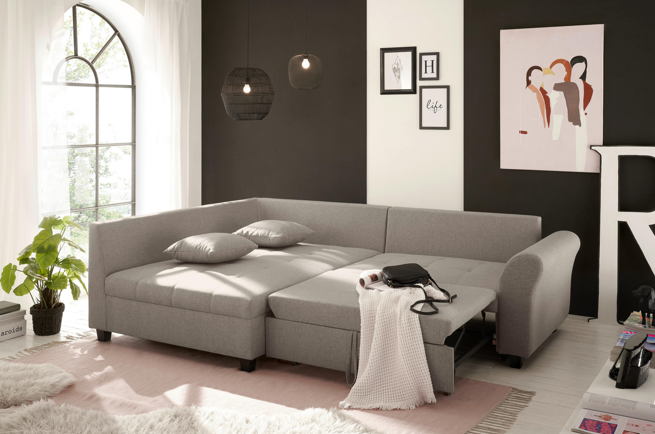 ECKSOFA in Webstoff Sandfarben  - Sandfarben/Schwarz, MODERN, Kunststoff/Textil (175/252cm) - Livetastic
