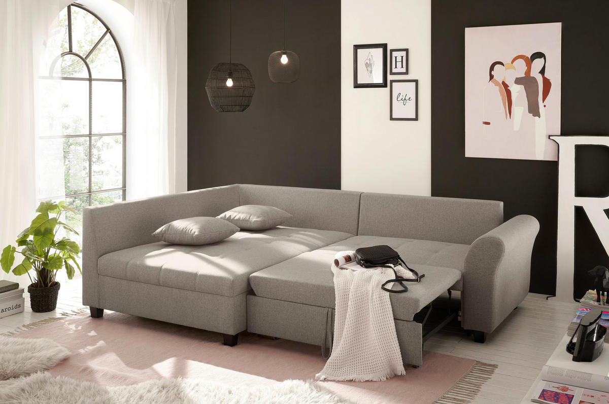 ECKSOFA in Webstoff Sandfarben  - Sandfarben/Schwarz, Modern, Kunststoff/Textil (175/252cm) - Livetastic