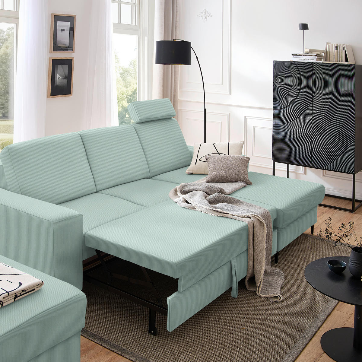 ECKSOFA Mintgrün Cord  - Schwarz/Mintgrün, KONVENTIONELL, Textil/Metall (247/167cm) - Stylife