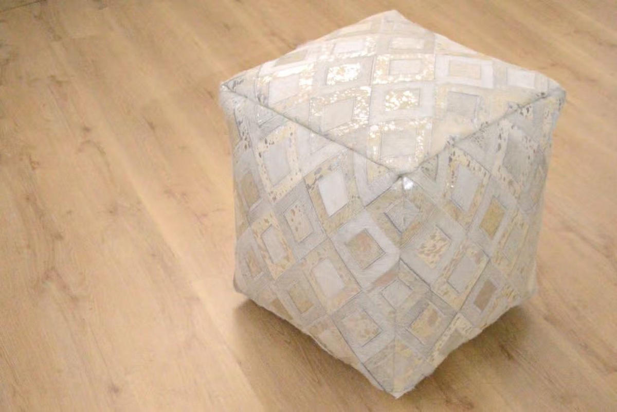 POUF in Creme, Grau, Silberfarben Leder  - Silberfarben/Creme, Design, Leder (45/45/45cm) - Kayoom