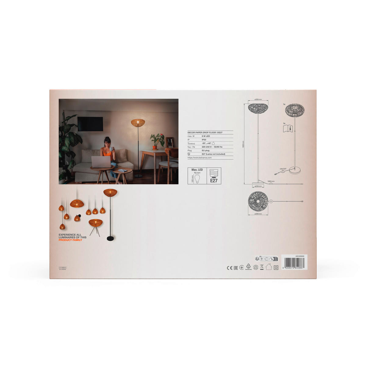 STEHLEUCHTE 39,5/163 cm    - Beige, Natur, Papier/Metall (39,5/163cm) - Ledvance