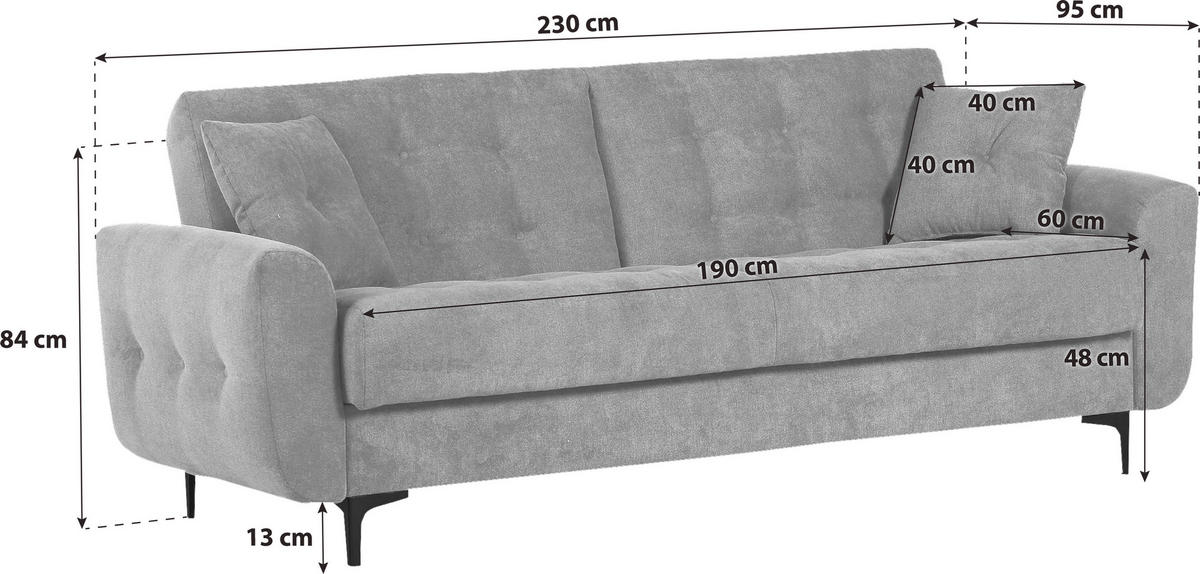 SCHLAFSOFA in Flachgewebe Hellgrau  - Hellgrau/Schwarz, Konventionell, Textil/Metall (230/84/95cm) - Livetastic