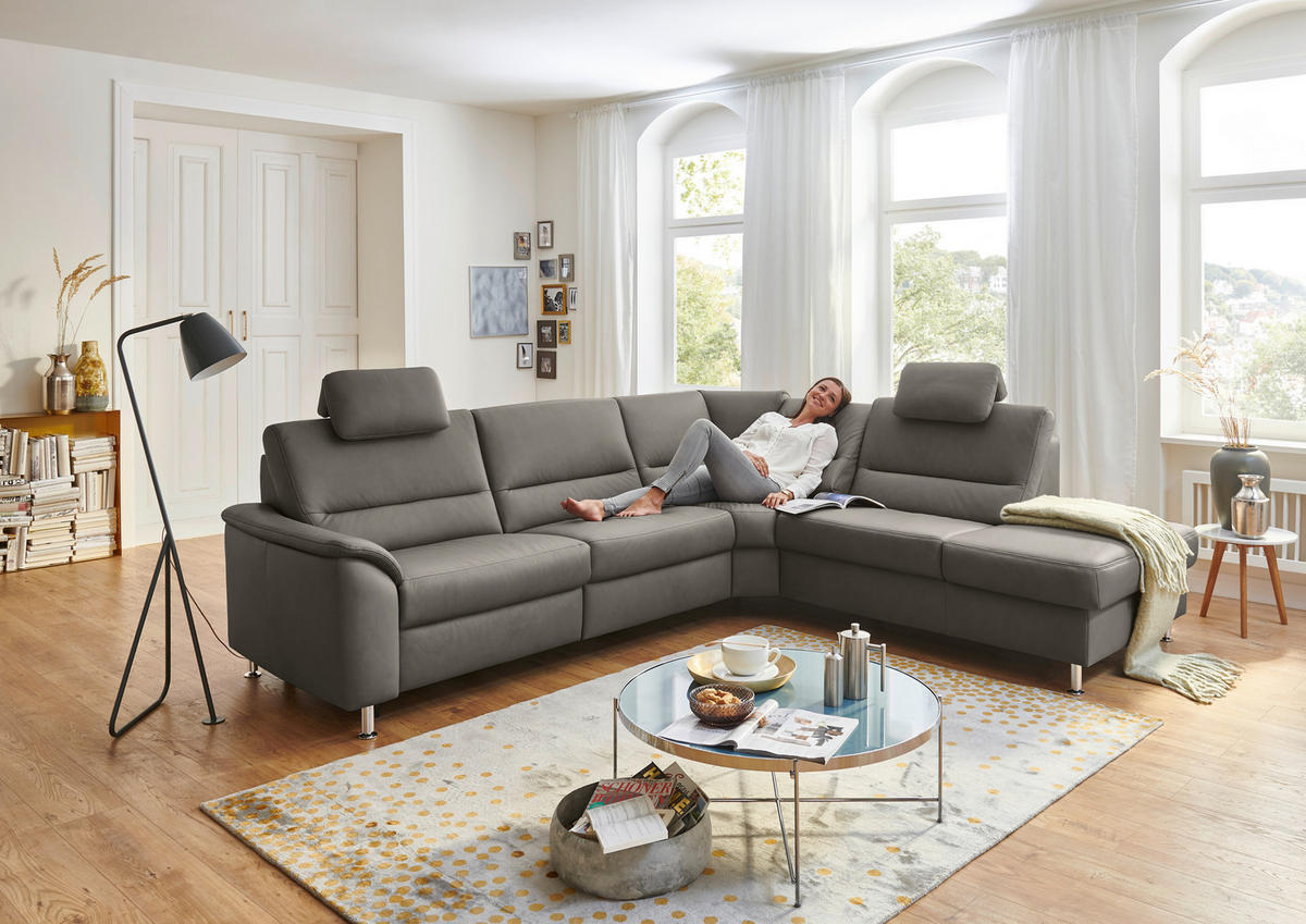 ECKSOFA in Echtleder Grau  290/249 cm  - Alufarben/Grau, KONVENTIONELL, Leder/Metall (290/249cm) - Beldomo Premium