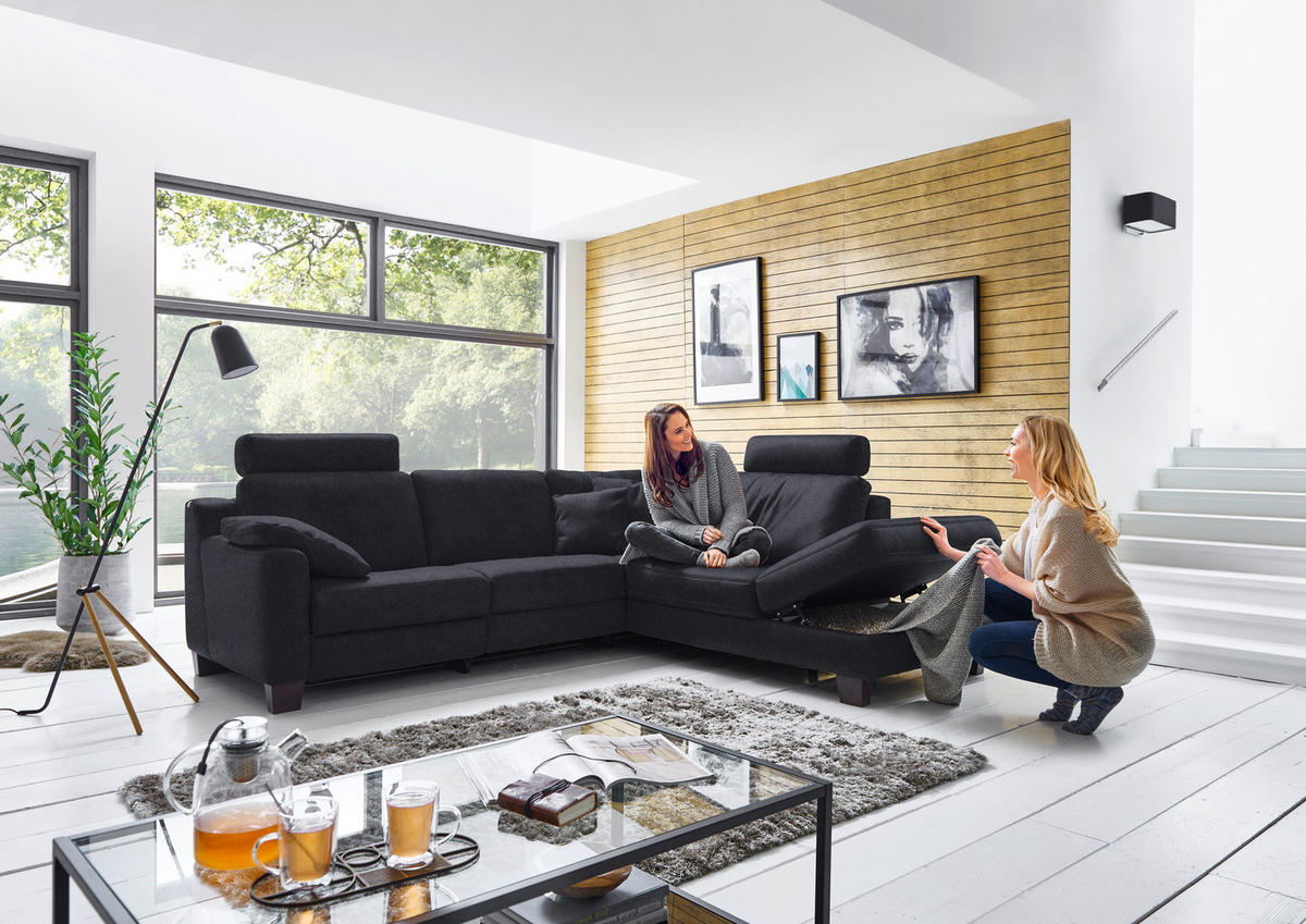 ECKSOFA in Echtleder Schwarz  259/235 cm  - Eichefarben/Schwarz, Design, Leder/Holz (259/235cm) - Valdera