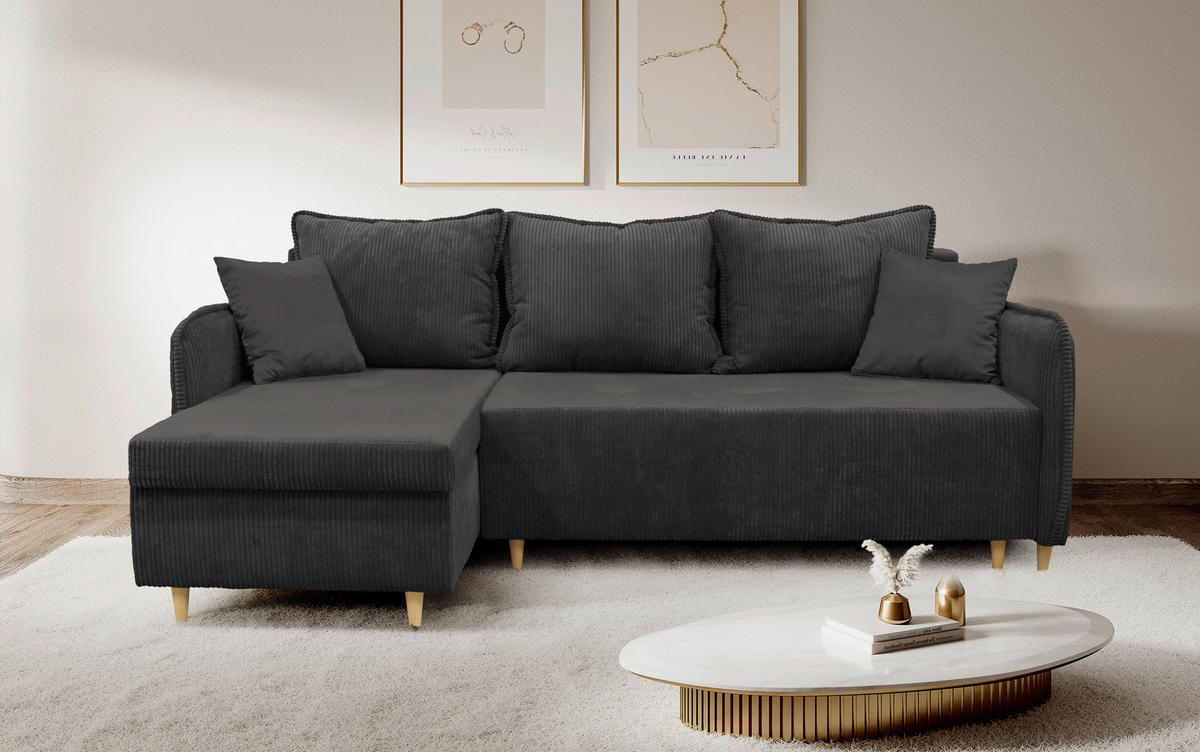 ECKSOFA TEDDY Dunkelgrau Cord, Bouclé Zierkissen, Rückenkissen, Bettkasten  - Dunkelgrau/Naturfarben, Design, Holz/Textil (142/215cm) - MID.YOU