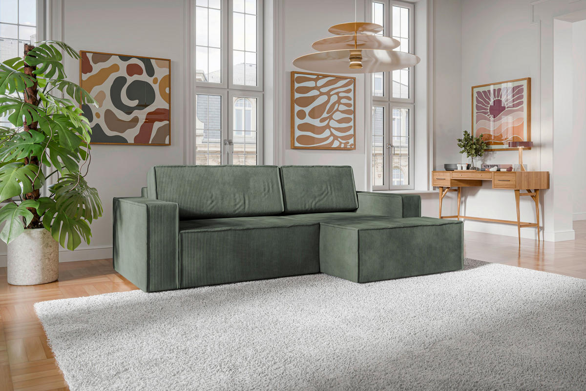 ECKSOFA inkl. Funktion Dunkelgrün Cord  - Dunkelgrün/Schwarz, MODERN, Kunststoff/Textil (245/149cm) - Stylife