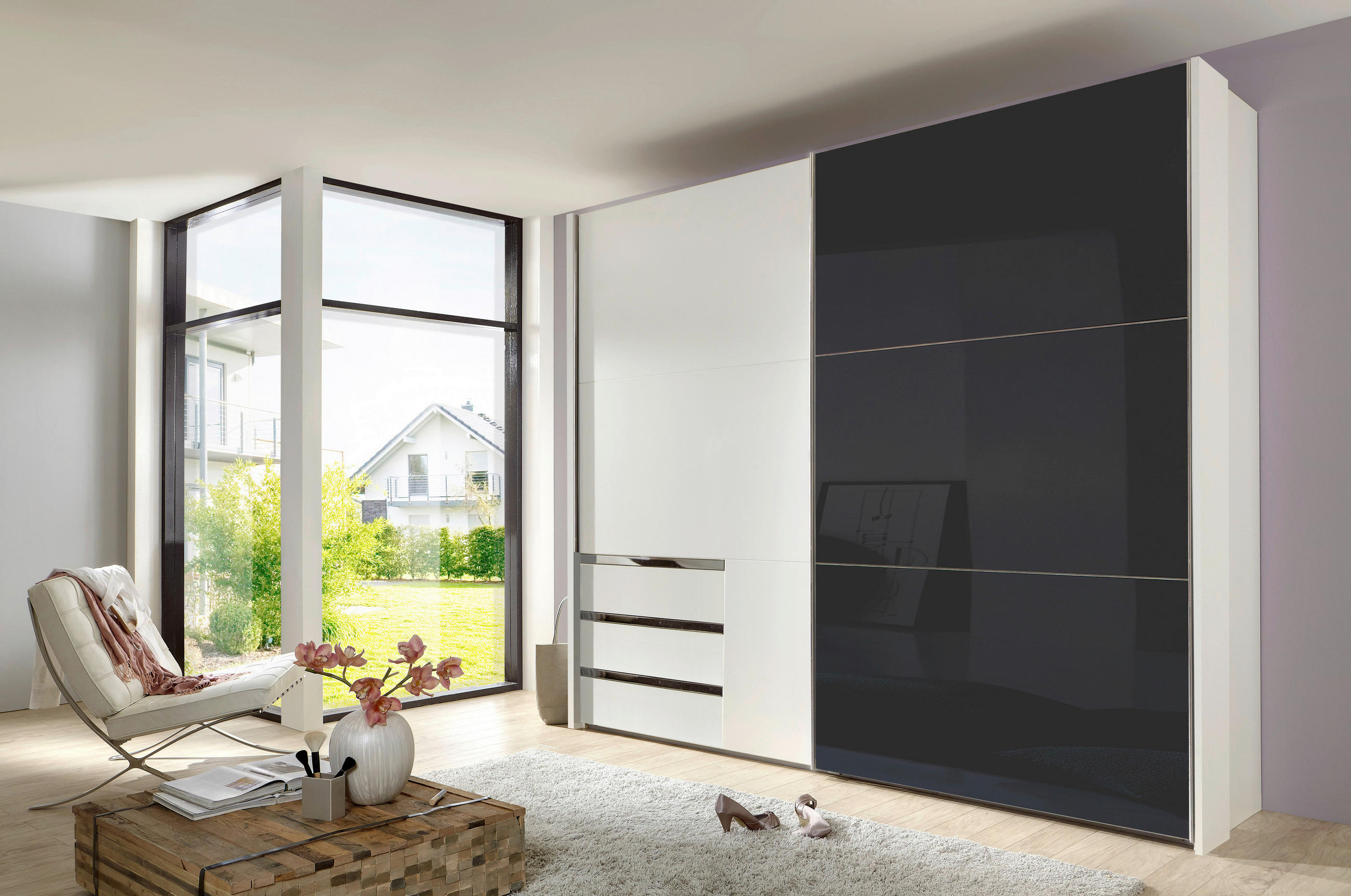 SCHWEBETÜRENSCHRANK 250/216/65 cm 2-türig Grau, Weiß  - Chromfarben/Weiß, MODERN, Holzwerkstoff (250/216/65cm) - MID.YOU
