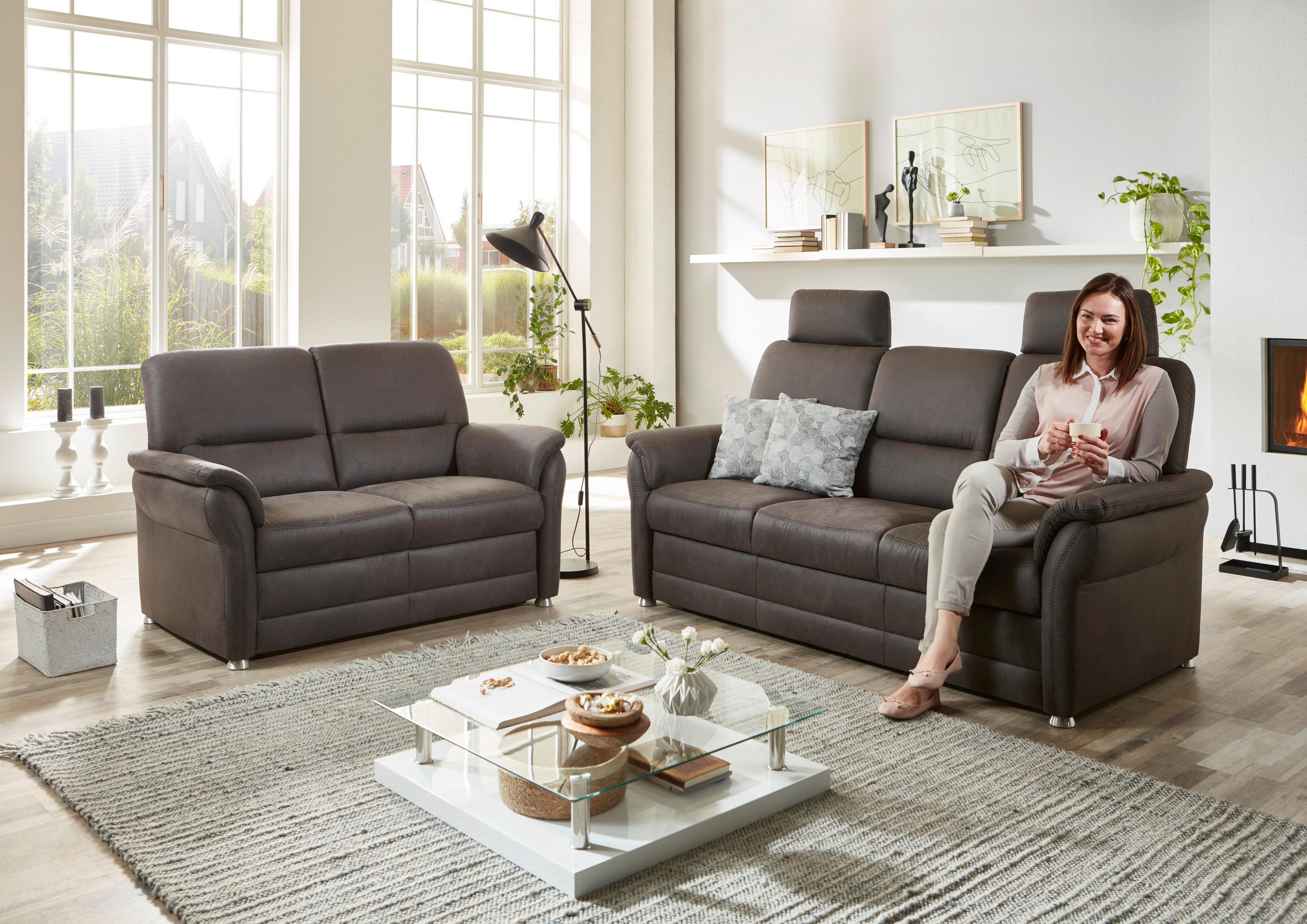SITZGARNITUR in Mikrofaser Anthrazit  - Anthrazit/Alufarben, Konventionell, Textil/Metall (192/96/89cm) - Beldomo Comfort
