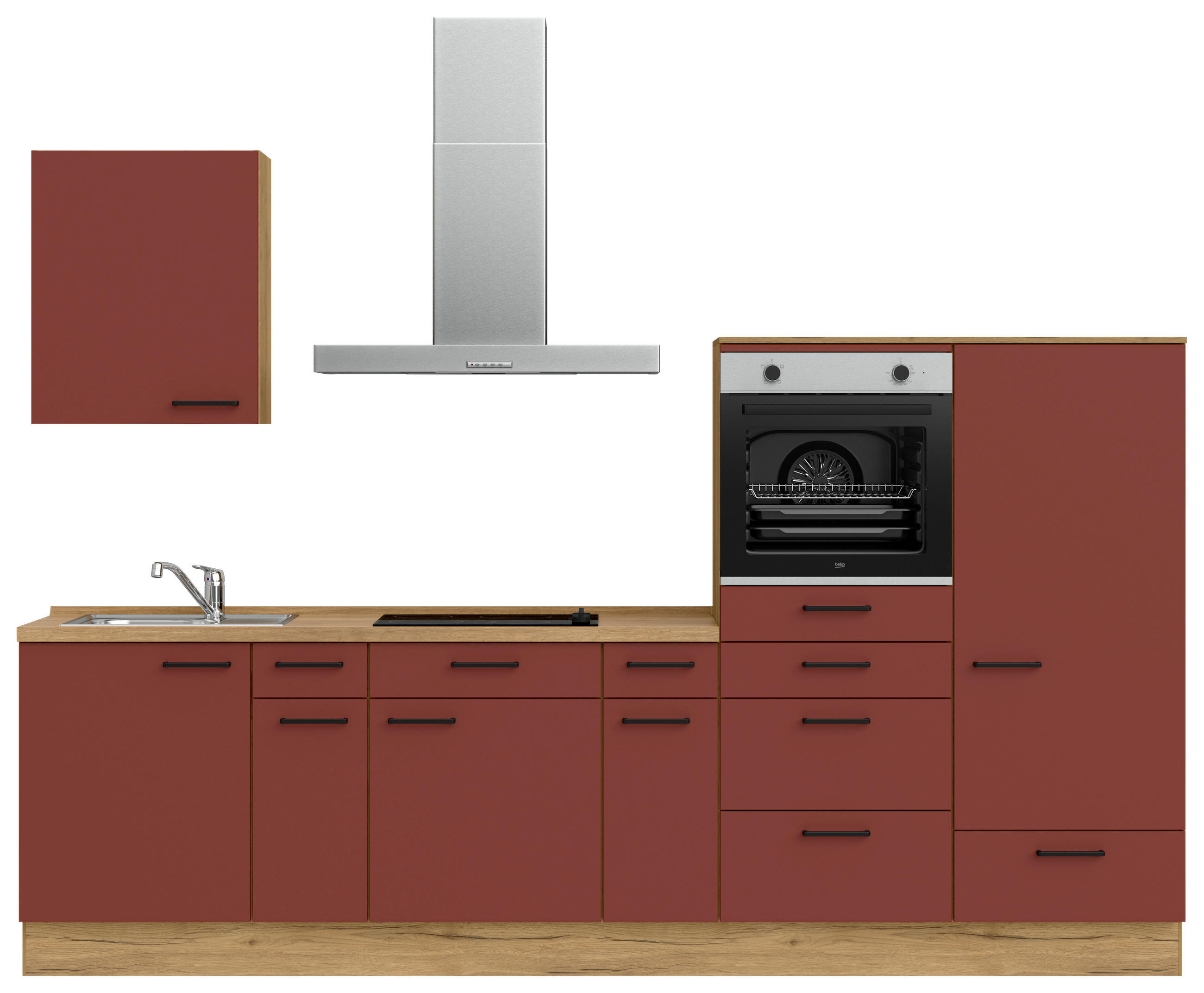 KÜCHENLEERBLOCK 300 cm   in Rot, Eichefarben  - Eichefarben/Rot, MODERN, Holzwerkstoff/Metall (300cm) - Nobilia