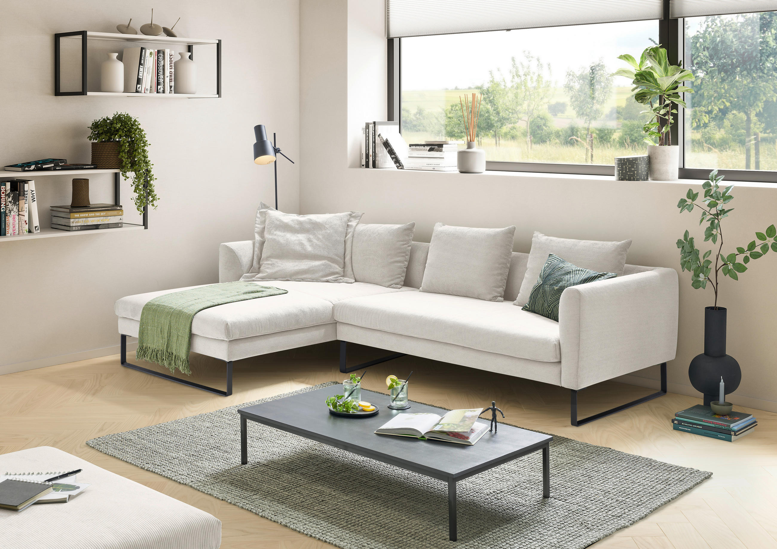 ECKSOFA in Feincord Weiss  - Weiss/Schwarz, Konventionell, Textil/Metall (178/284cm) - Hom`in