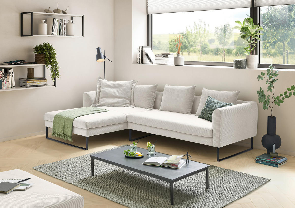 ECKSOFA in Feincord Weiß  178/284 cm  - Schwarz/Weiß, KONVENTIONELL, Textil/Metall (178/284cm) - Hom`in