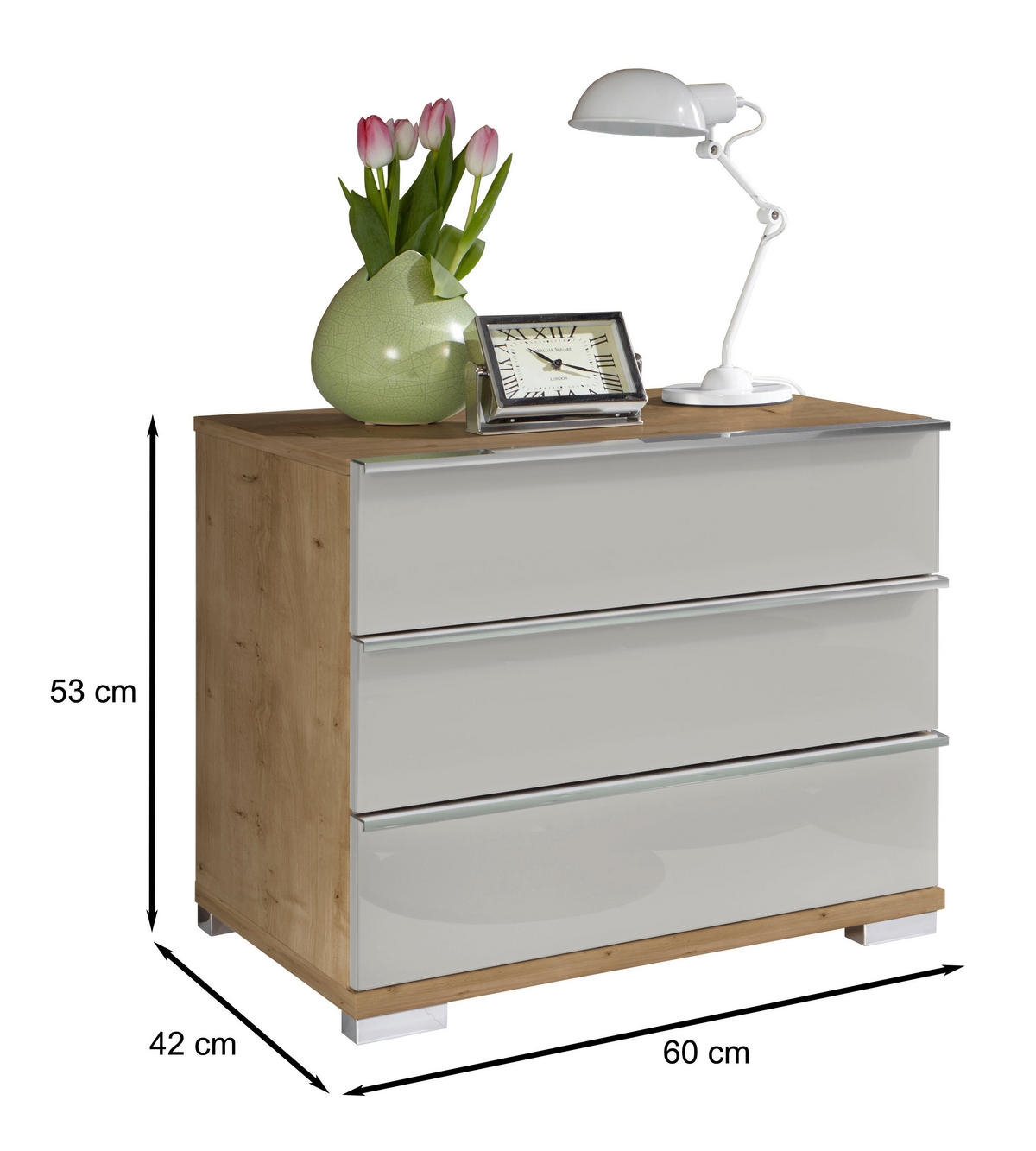 NACHTKÄSTCHEN 60/53/42 cm  in Eiche Bianco, Weiss  - Chromfarben/Eiche Bianco, Basics, Glas/Holzwerkstoff (60/53/42cm) - Venda
